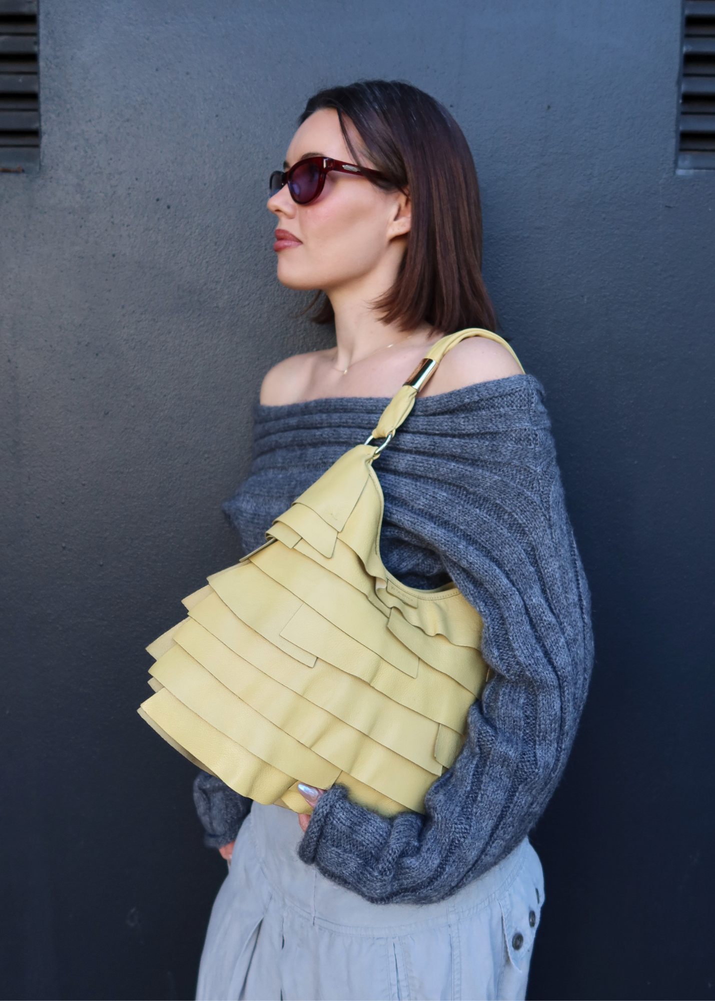 YVES SAINT LAURENT VINTAGE 'Saint Tropez' Lemon Yellow Leather Ruffle Hobo Bag
