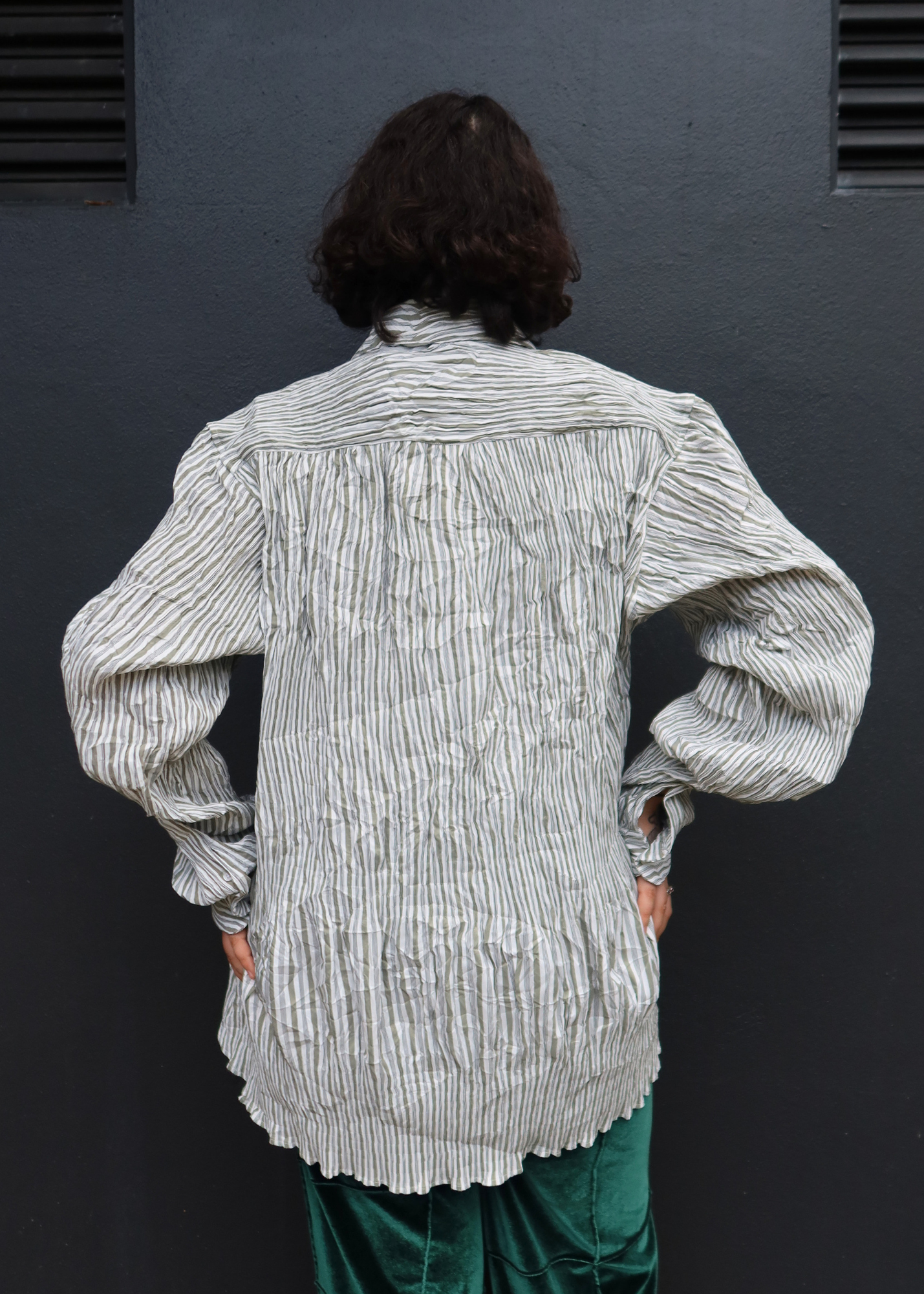 MARTINE ROSE (AS IS) Stripe Smocked Crinkle Shirt