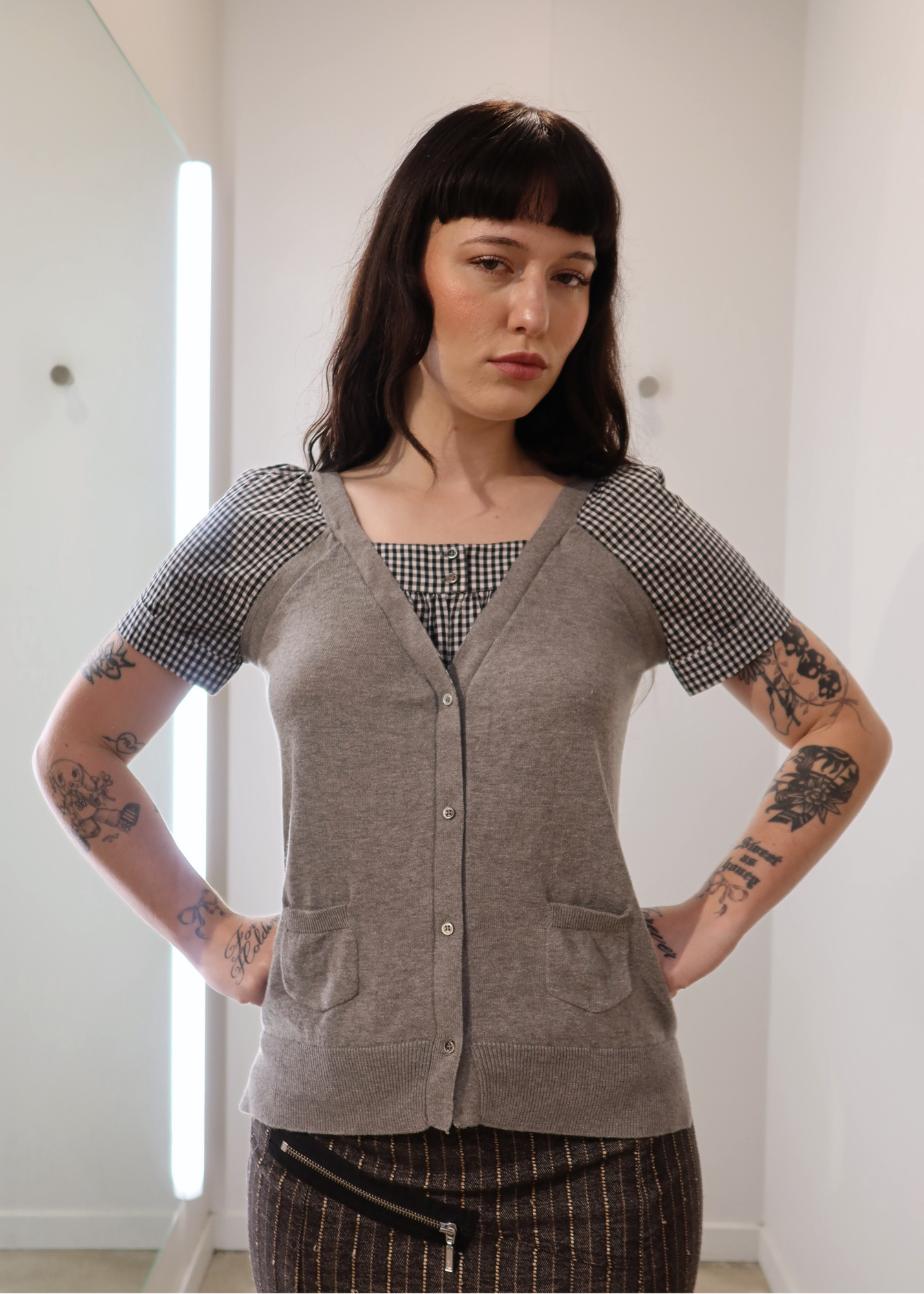 COMPTOIR DES COTONNIERS Cotton/Cashmere Gingham Insert Cardi
