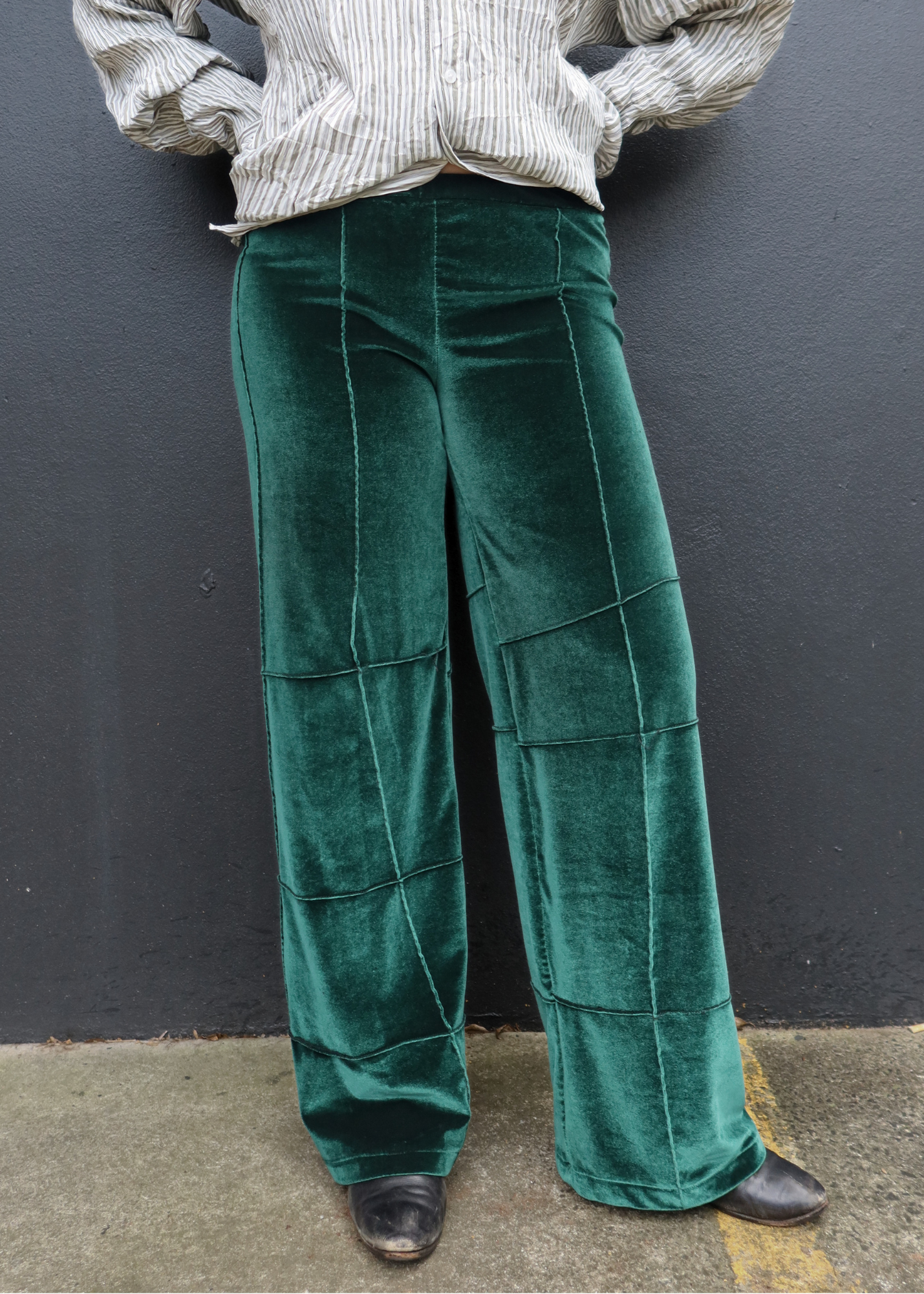 KARLAIDLAW (AS IS) 'Spiderpant' Green Velvet Patchwork Pants