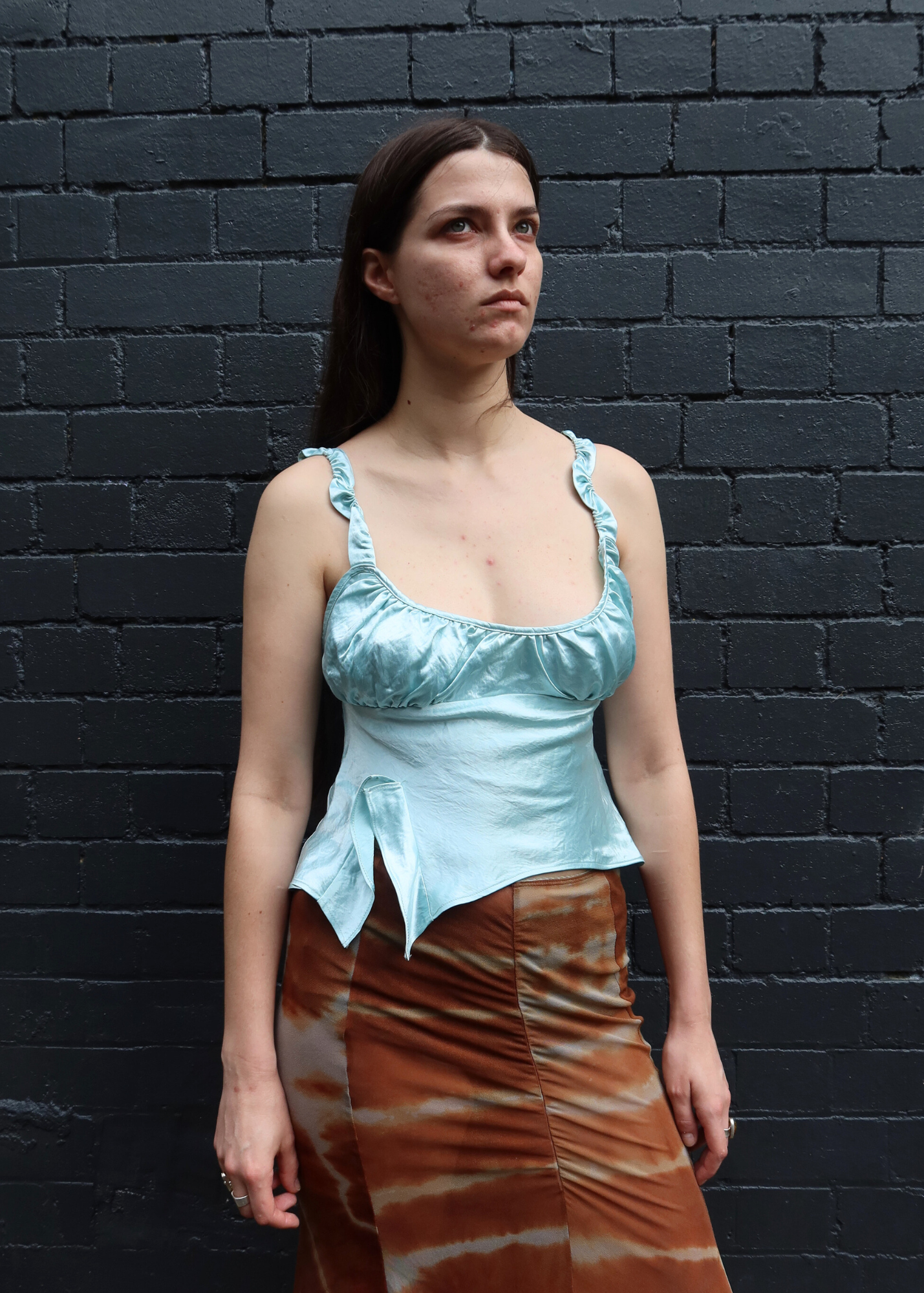 COLLINA STRADA Satin Ruffle Strap Milkmaid Top