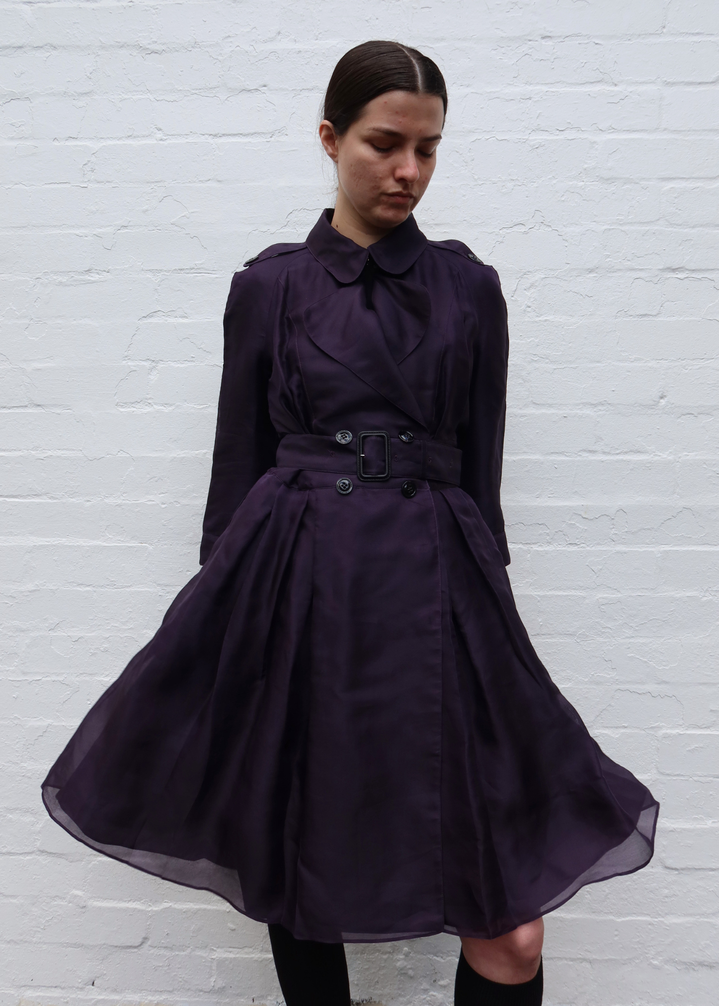 BURBERRY (AS IS) 2016 Purple Silk Organza Double Breast Coat W/ Belt