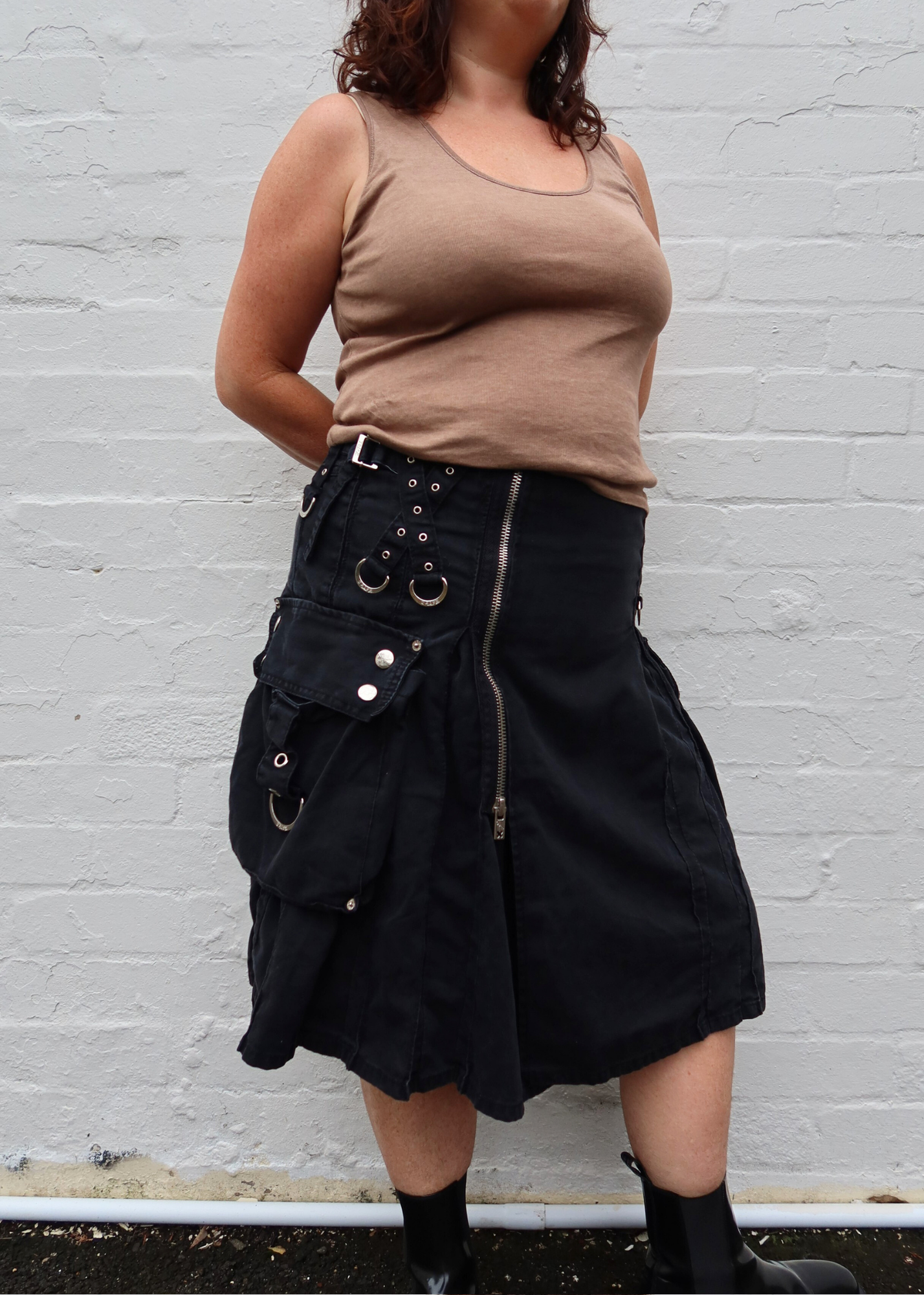 TRIPP NYC Vintage 90s Denim Buckle Utility Midi Skirt
