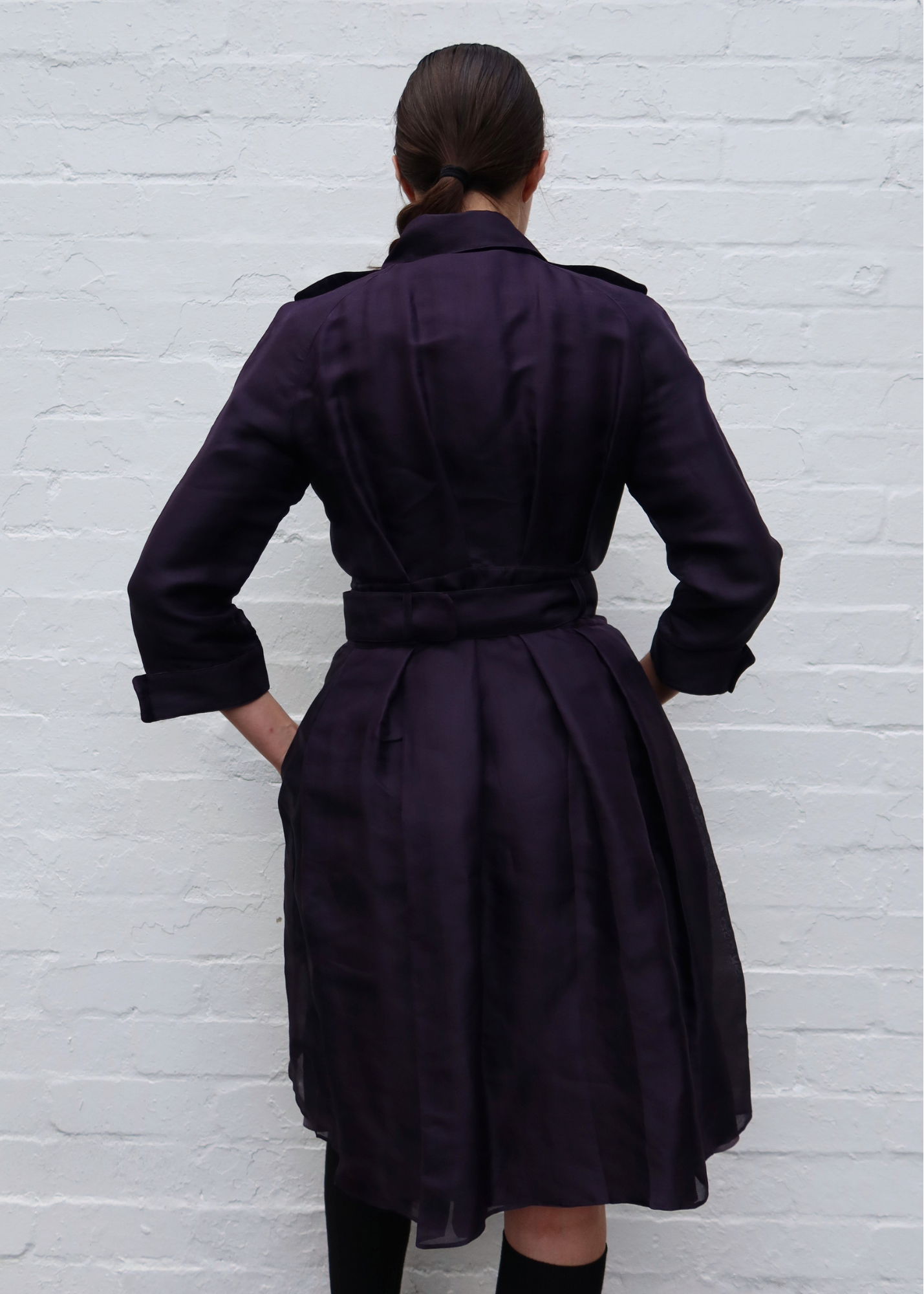 BURBERRY (AS IS) 2016 Purple Silk Organza Double Breast Coat W/ Belt