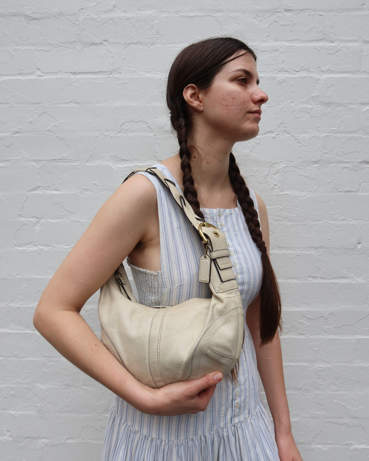 COACH Cream Leather Braided Strap Hobo Bag