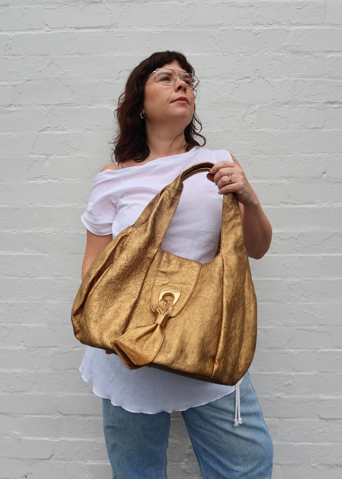 MAX MARA VINTAGE Gold Metallic Leather Hobo Bag