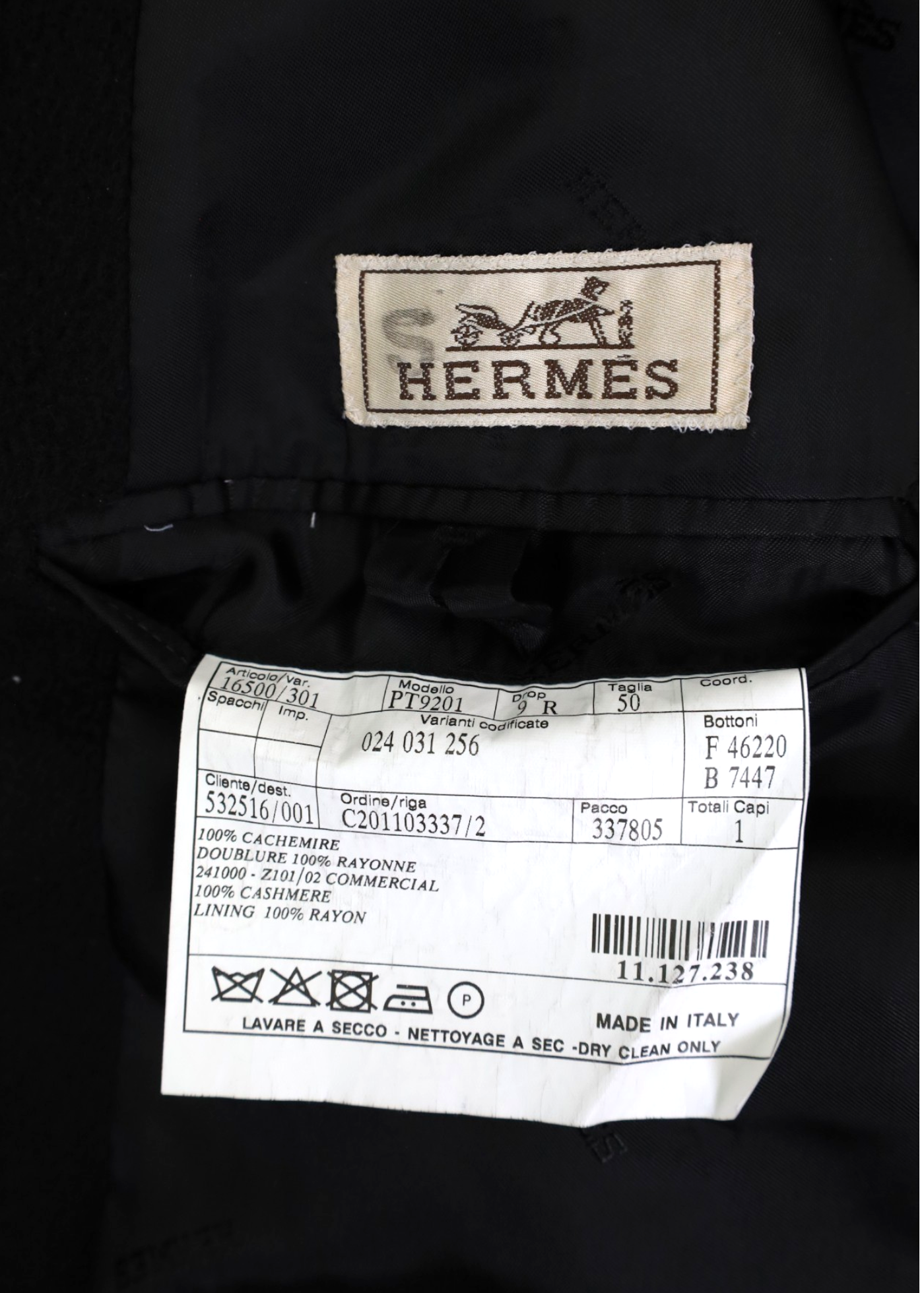 HERMES Vintage Black Cashmere Classic Mid Coat