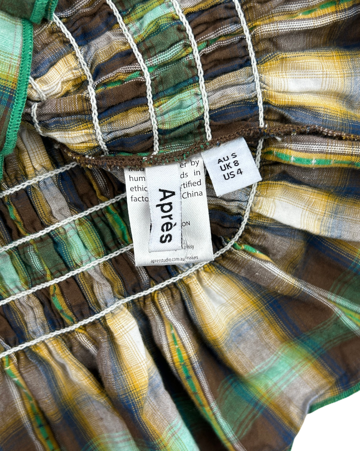 APRES STUDIO (AS IS) 'Olive' Gingham Shirred Mini Dress