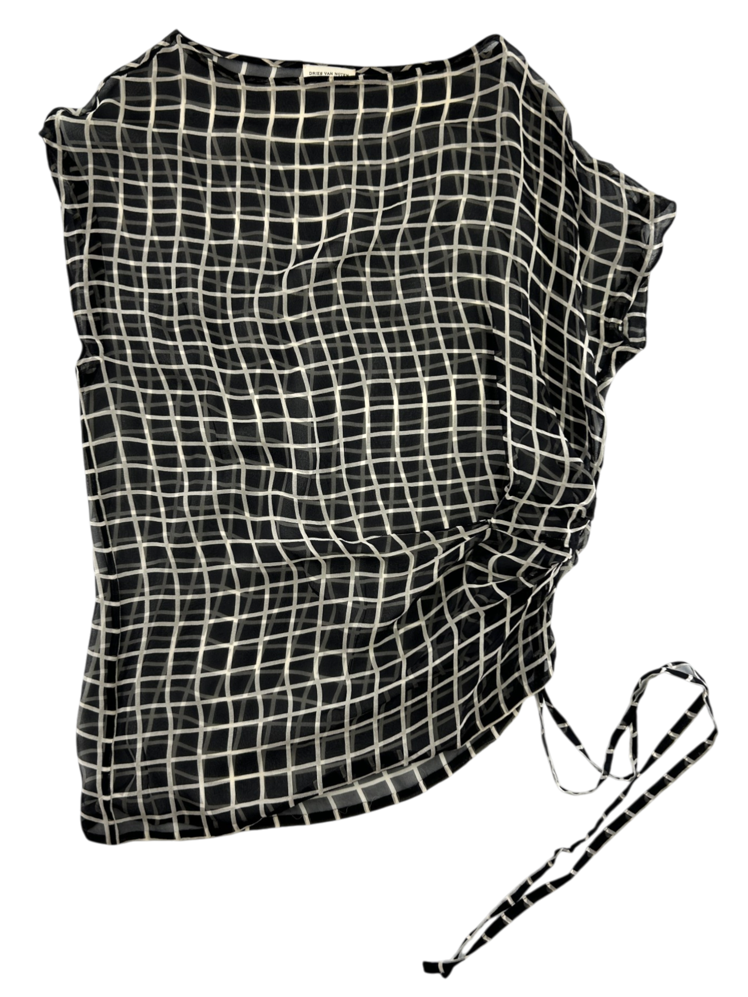 DRIES VAN NOTEN (AS IS) Check Silk Sheer Gathered Top