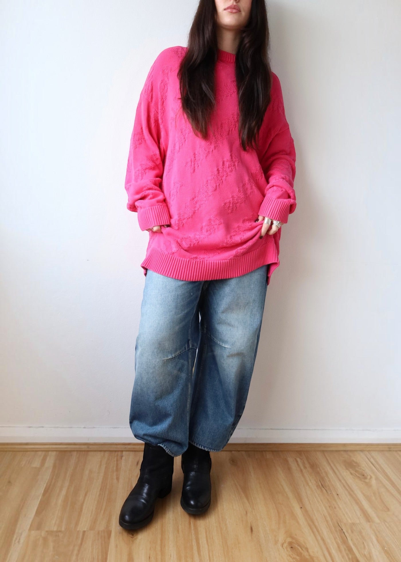 BALENCIAGA (AS IS) Pink Cotton Logo Jacquard Crewneck