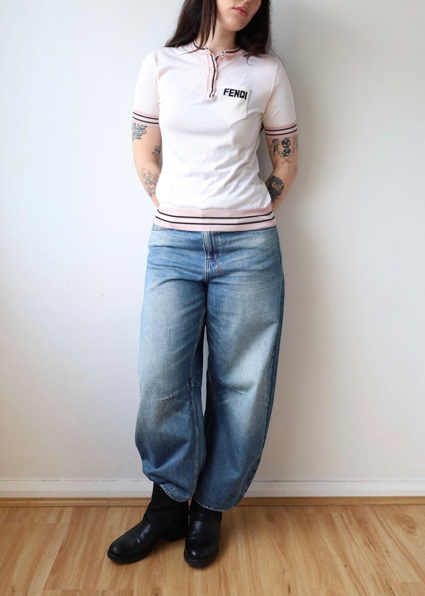 FENDI (AS IS) Cream/Baby Pink Silk Logo Knit Top