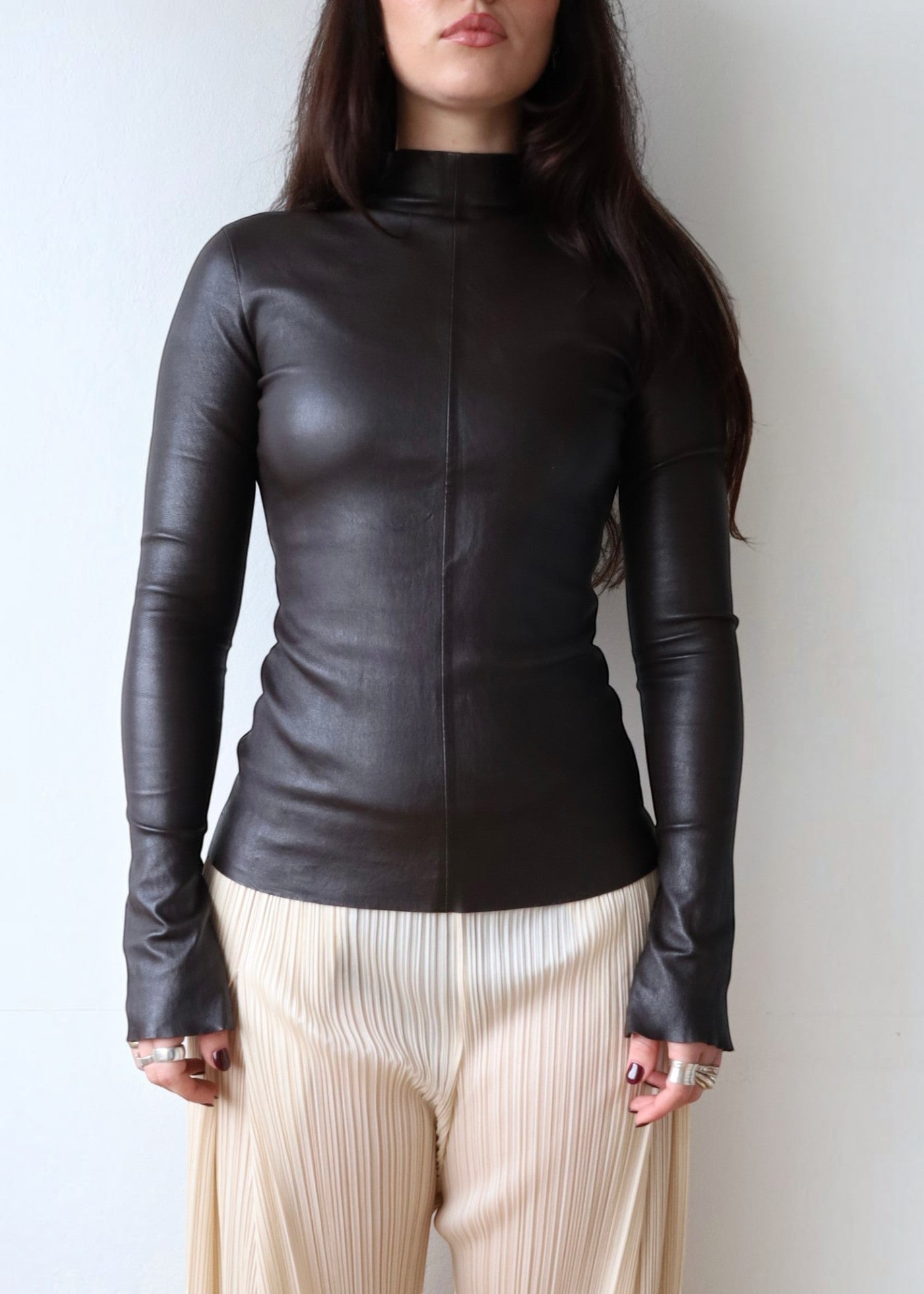 BOTTEGA VENETA Pre-Spring 2020 Brown Leather Mock Neck