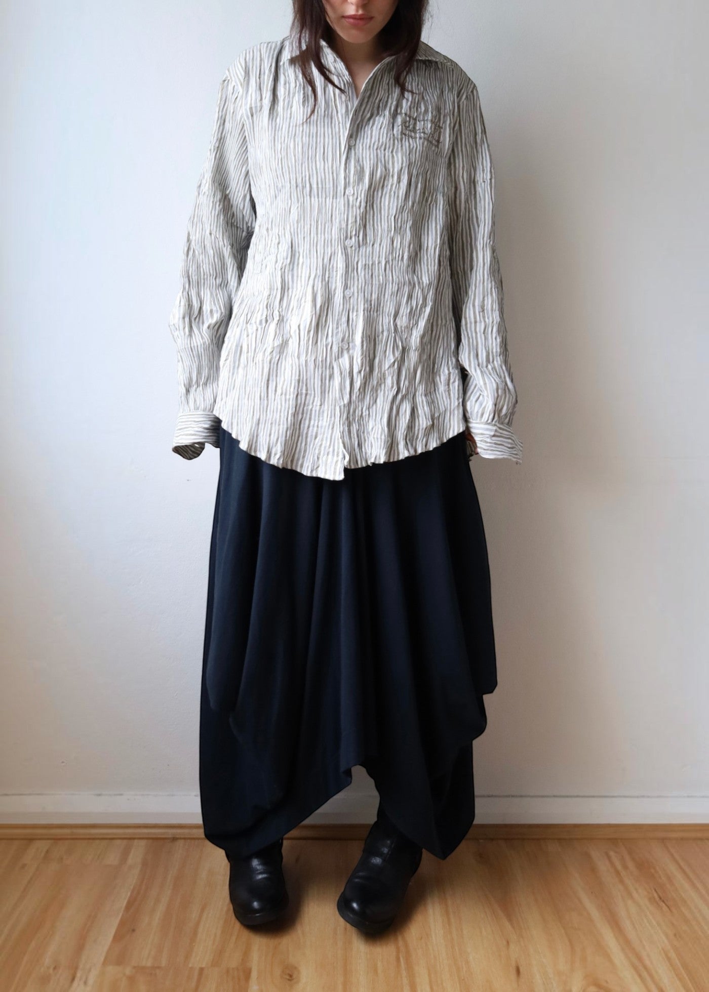 MARTINE ROSE (AS IS) Sage Green/White Stripe Smocked Crinkle Shirt