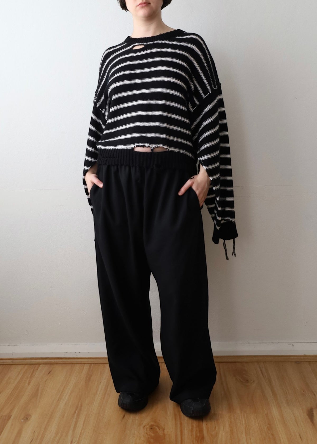 MM6 Maison Martin Margiela S/S22 Black/White Stripe Distressed Cotton/Linen Jumper