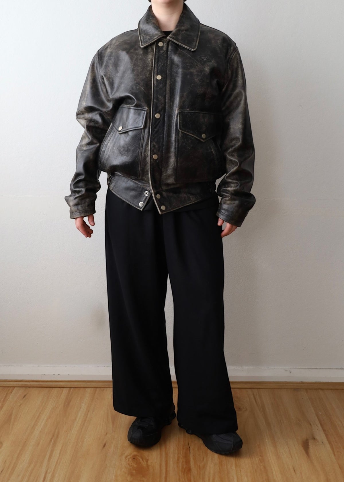 DIESEL (AS IS) 'L-Muds-Fur' Black Distressed Cowhide Jacket
