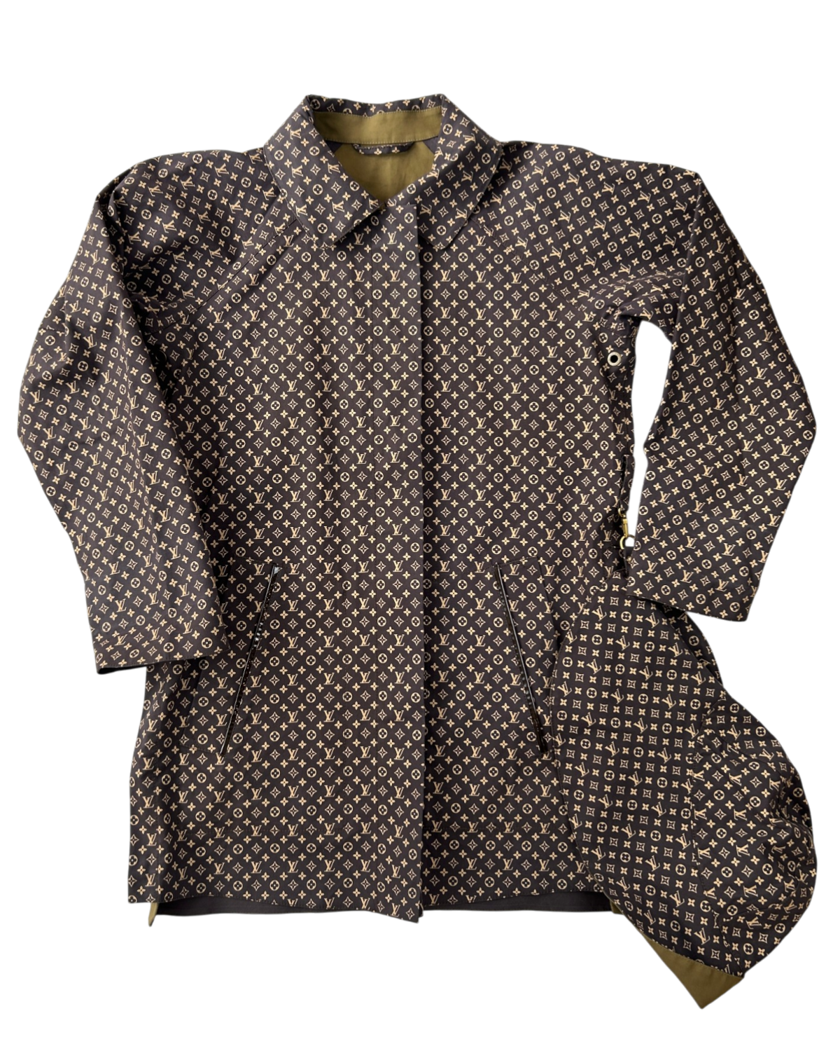 LOUIS VUITTON (AS IS) Khaki/Monogram Reversible Parka W/ Hood