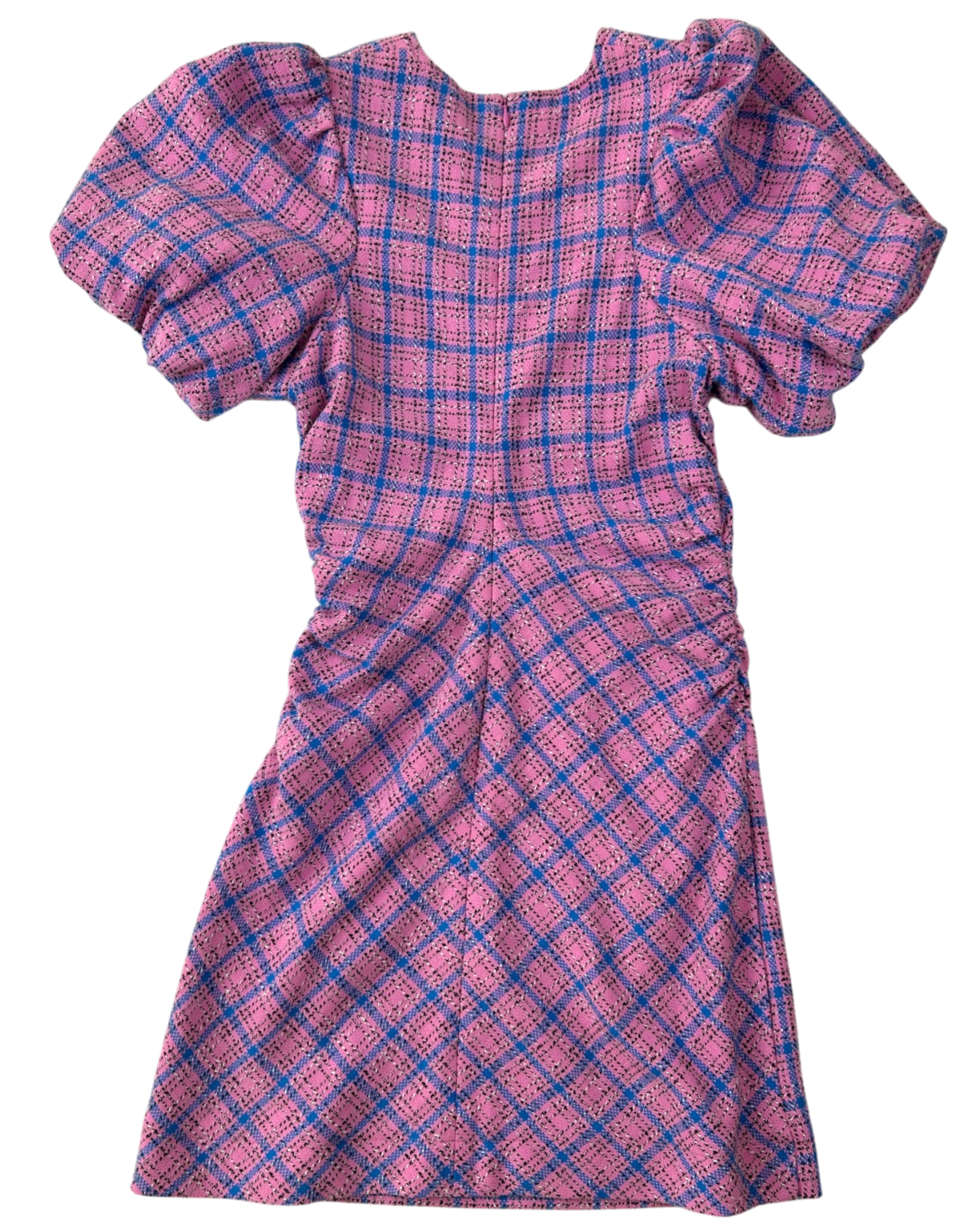 GANNI Tartan Bubble Sleeve Mini Dress