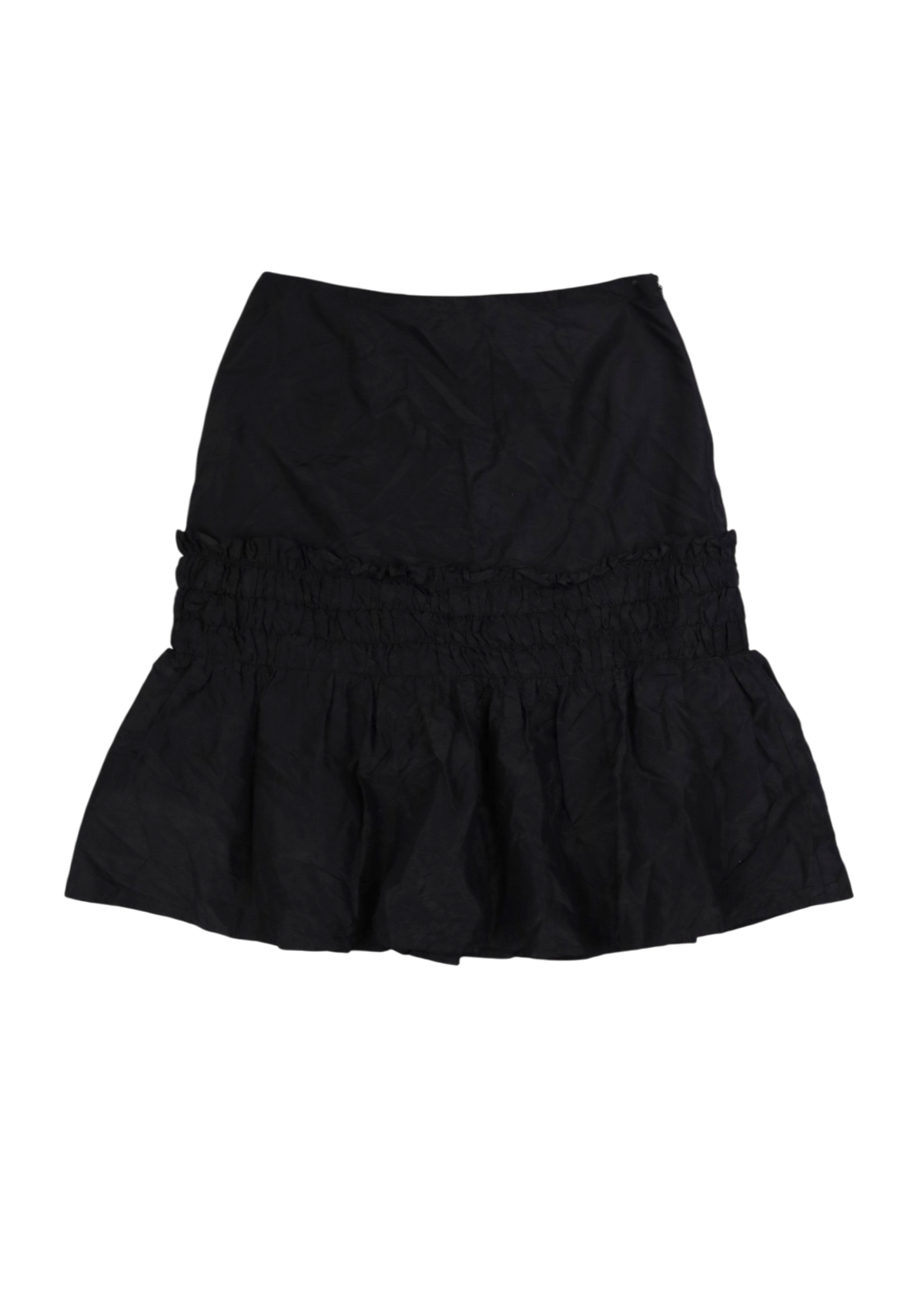 BLUMARINE Black Silk Taffeta Gathered Ruffle Midi Skirt