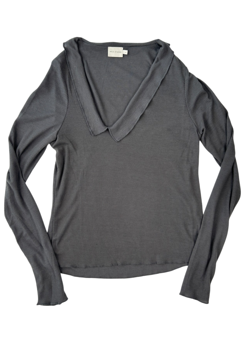 DEIJI STUDIOS Rib Knit Ruffle Neck Asymmetric Top