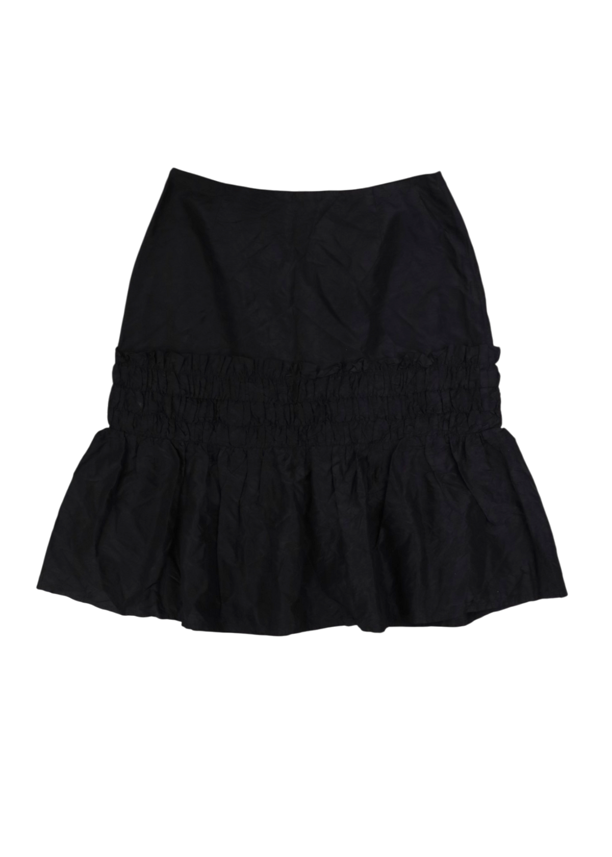 BLUMARINE Black Silk Taffeta Gathered Ruffle Midi Skirt