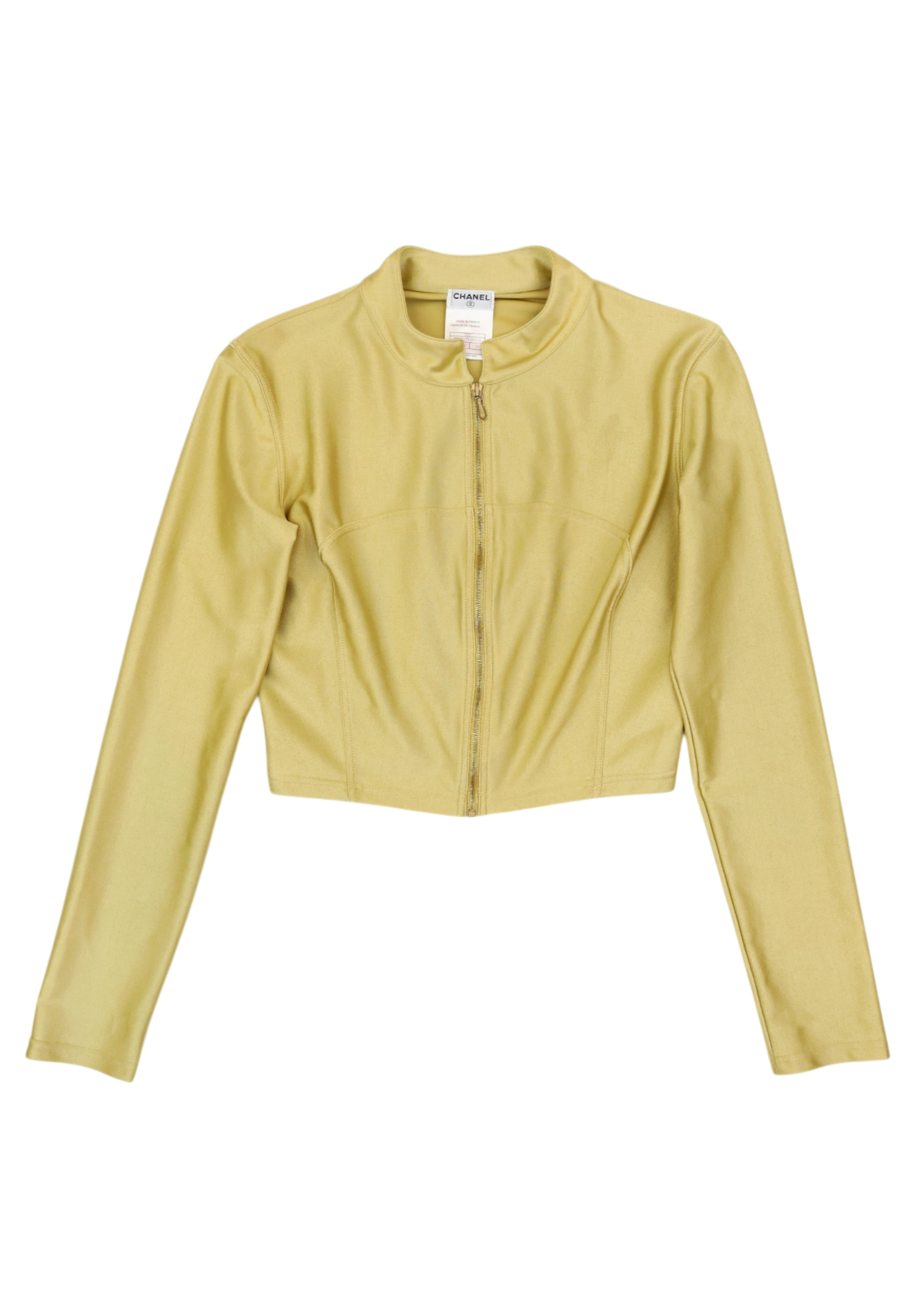 CHANEL (AS IS) Gold Spandex Zip Up Crop Top