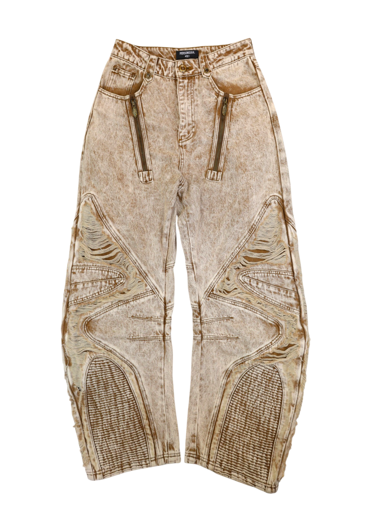 PERSONSOUL Brown Acid Wash Distressed Panel Barrel Leg Jeans