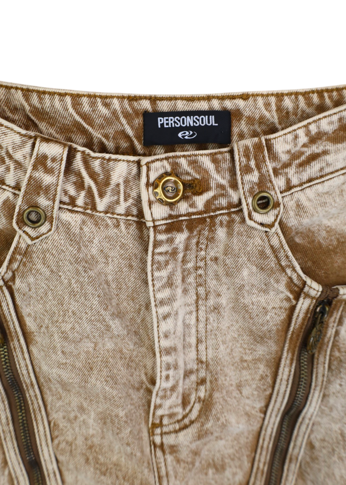 PERSONSOUL Brown Acid Wash Distressed Panel Barrel Leg Jeans