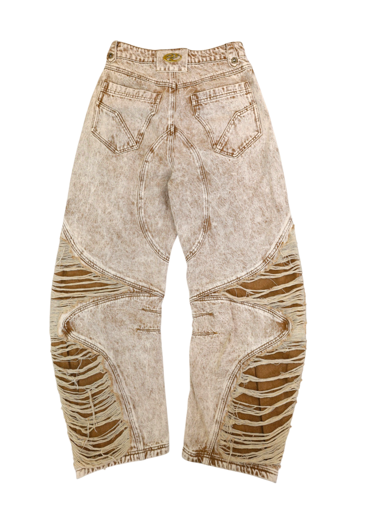 PERSONSOUL Brown Acid Wash Distressed Panel Barrel Leg Jeans