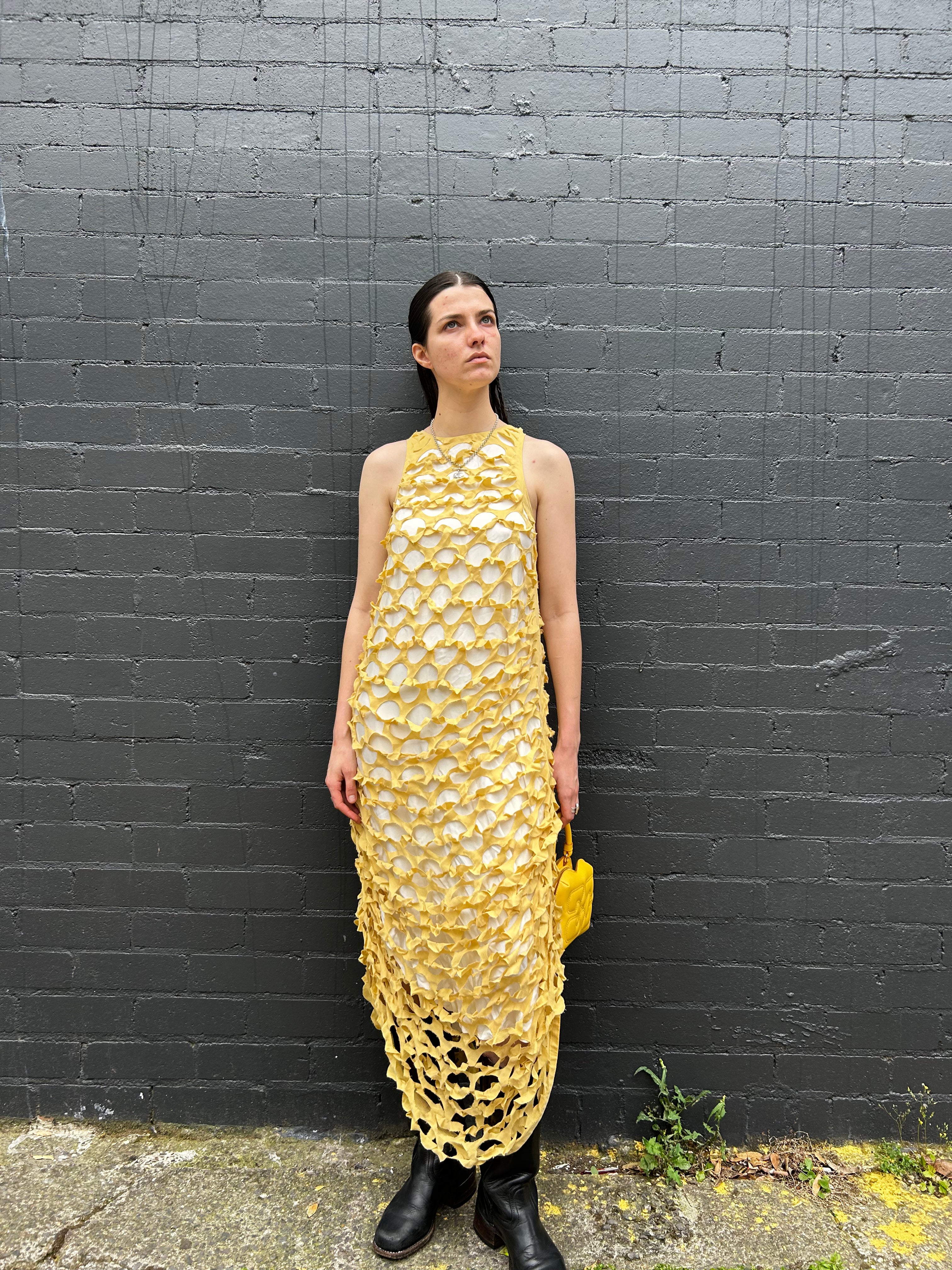 Alpha60 Yellow/White Fishnet Cut Out Overlay Midi Dress