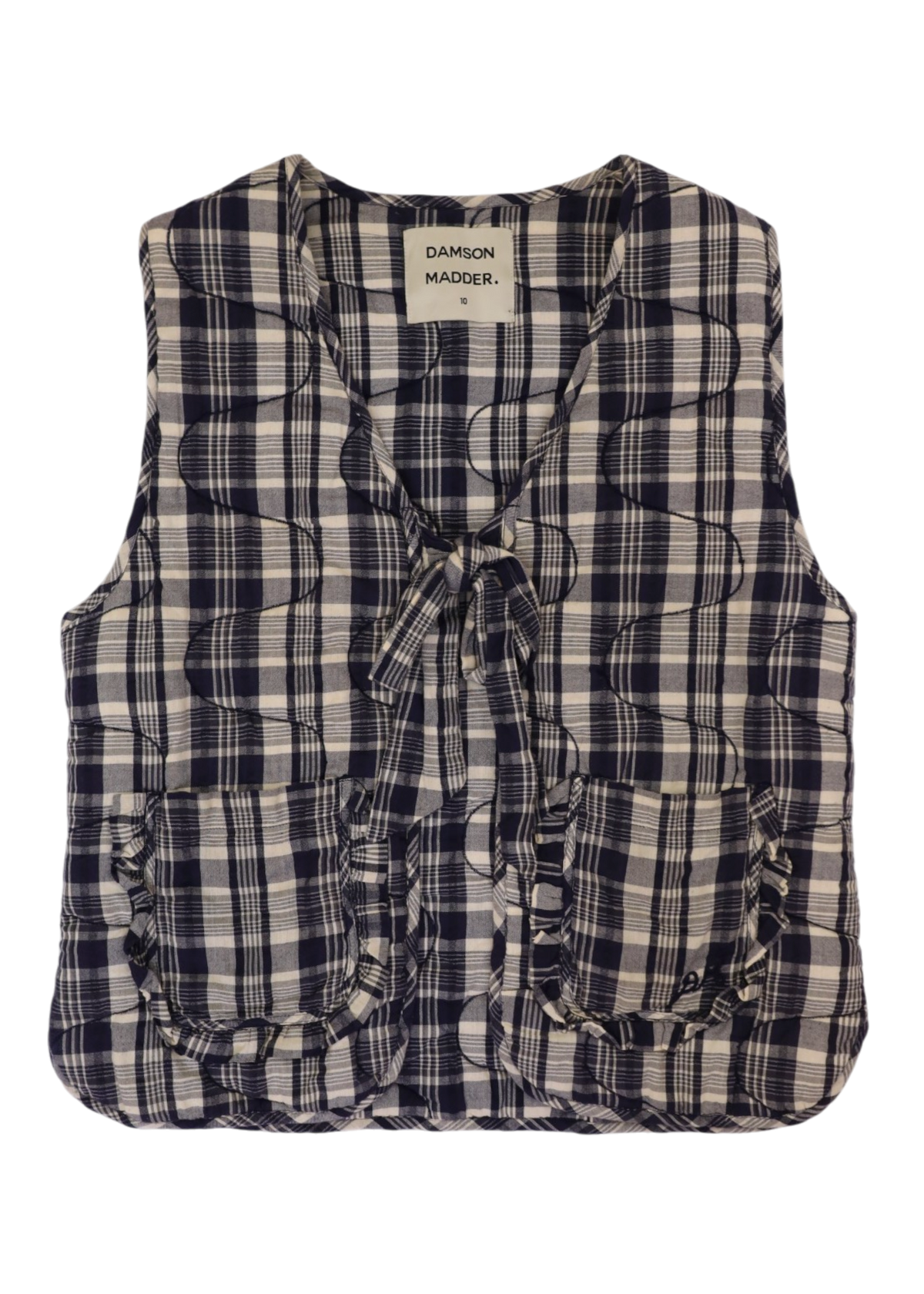 DAMSON MADDER Navy/Cream Plaid Quilted Tie Front Vest