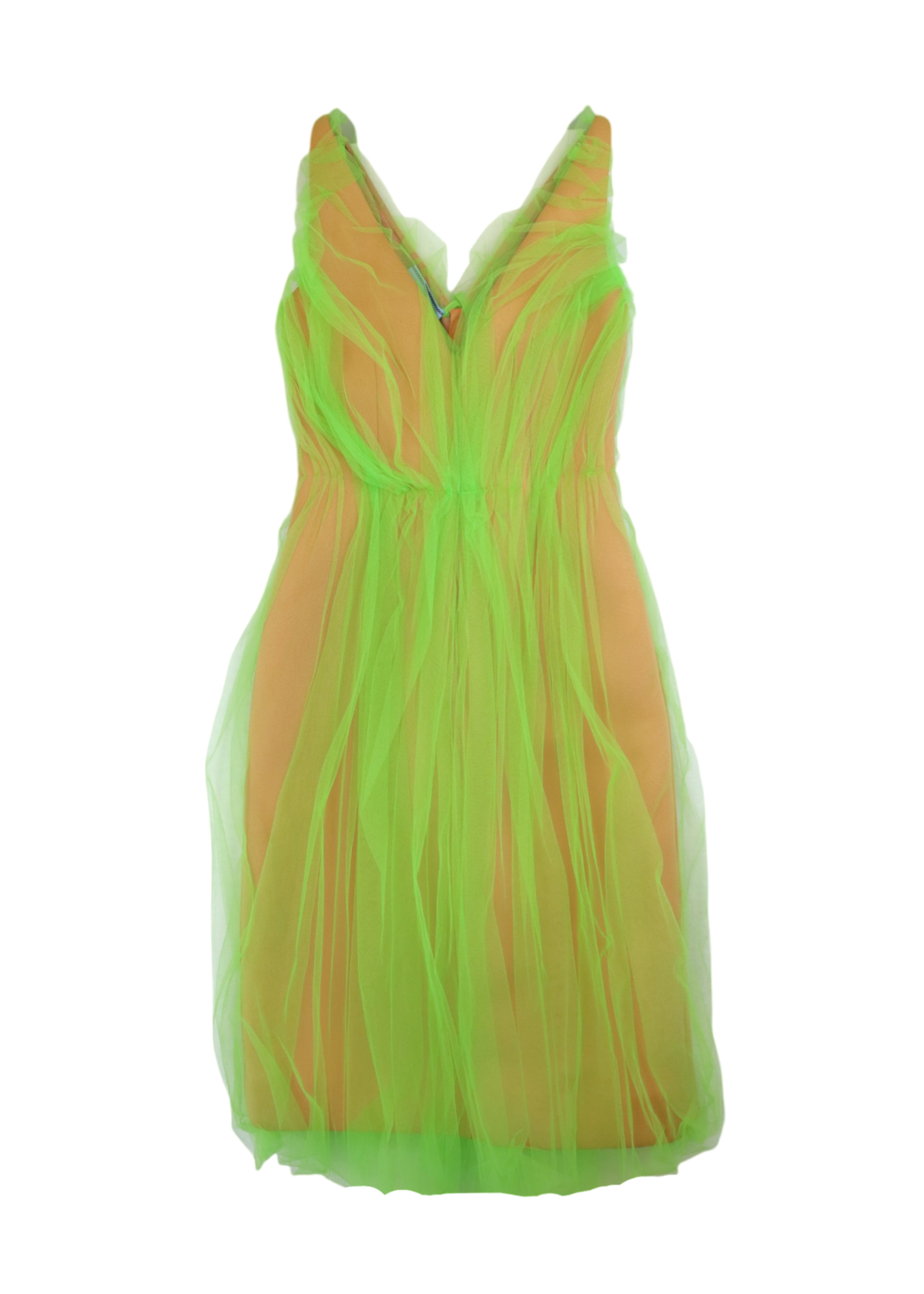 PRADA (AS IS) AW2018 Neon Green Layered Tulle V Midi Dress