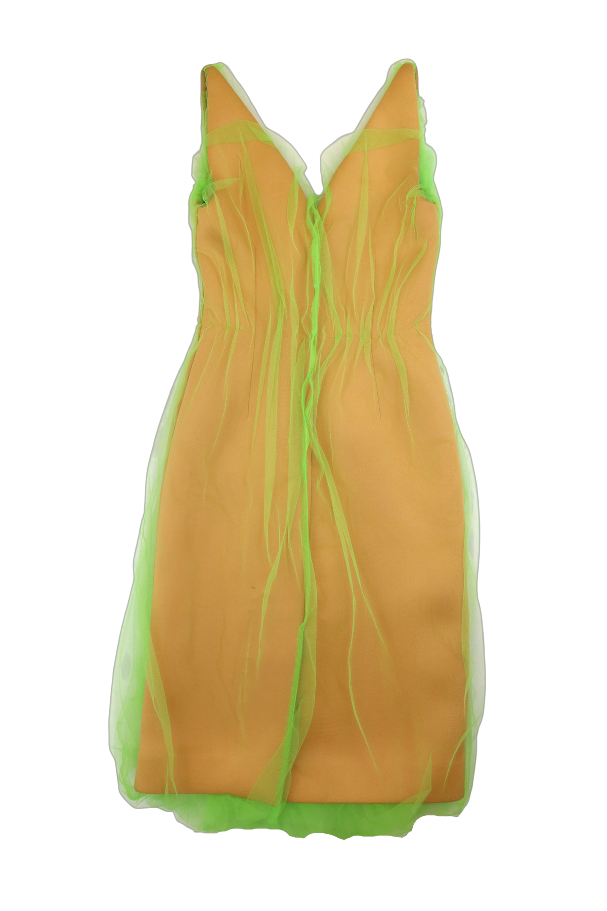 PRADA (AS IS) AW2018 Neon Green Layered Tulle V Midi Dress