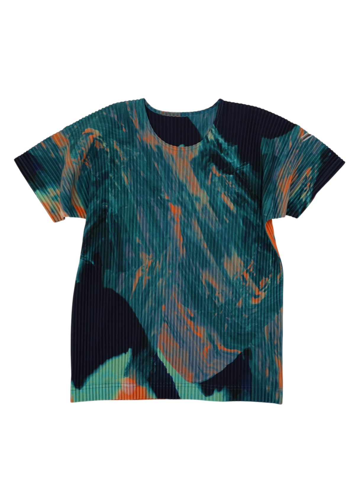 ISSEY MIYAKE HOMME PLISSE Teal/Orange Plisse 'Agate' Abstract Print Tee
