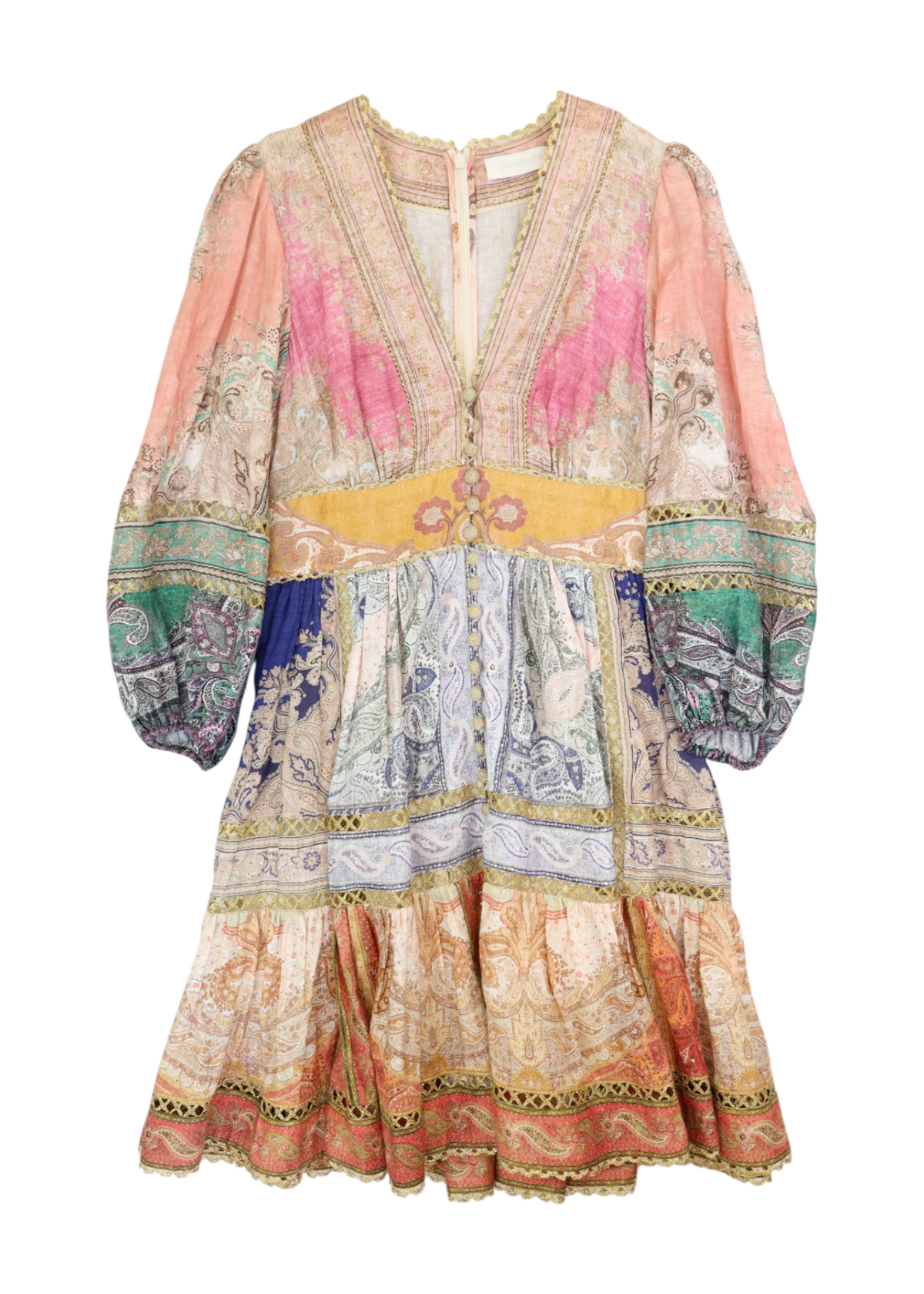 ZIMMERMANN 'Aliane' Multi Colour Patchwork Linen Buttoned Midi Dress