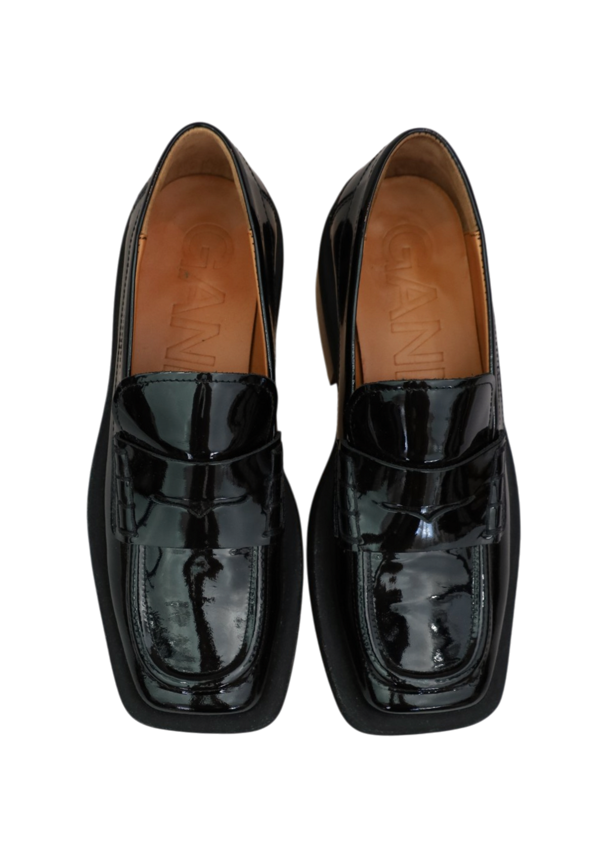 GANNI Black Patent Square Toe Loafers