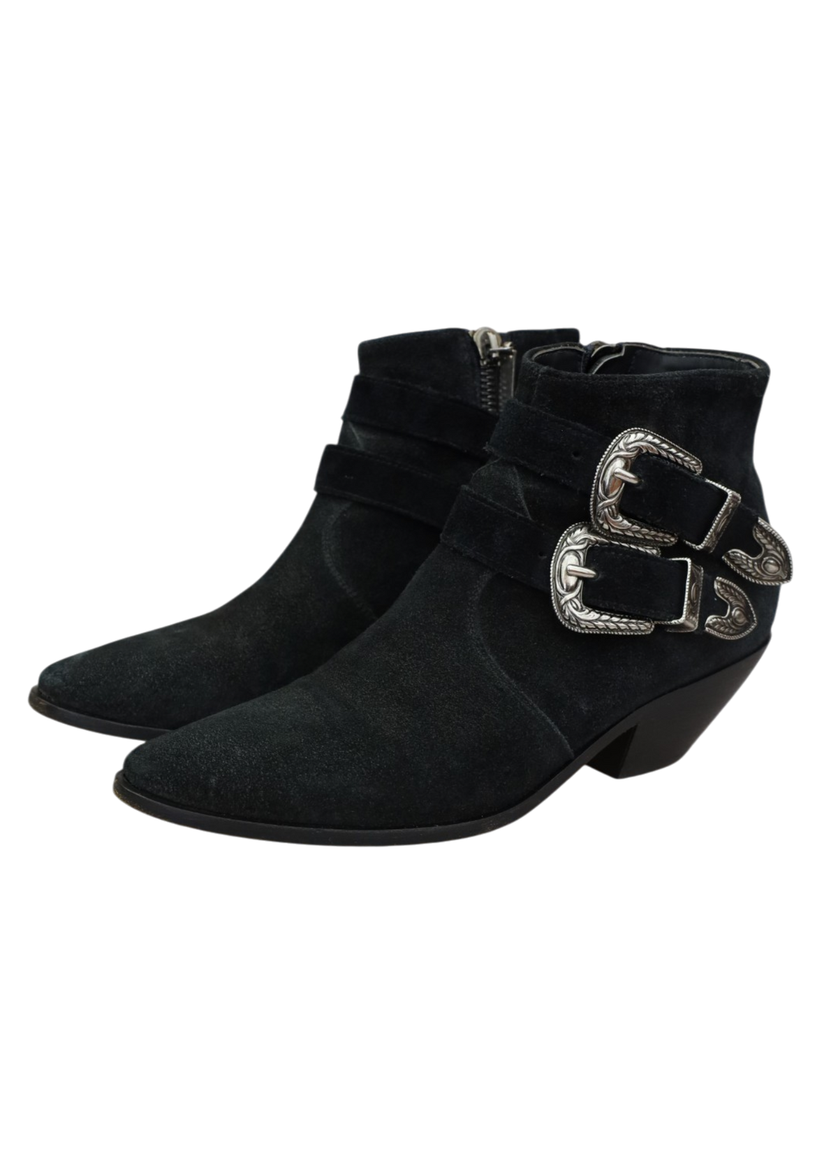 SAINT LAURENT (AS IS) Black Suede Western Buckle Ankle Boot