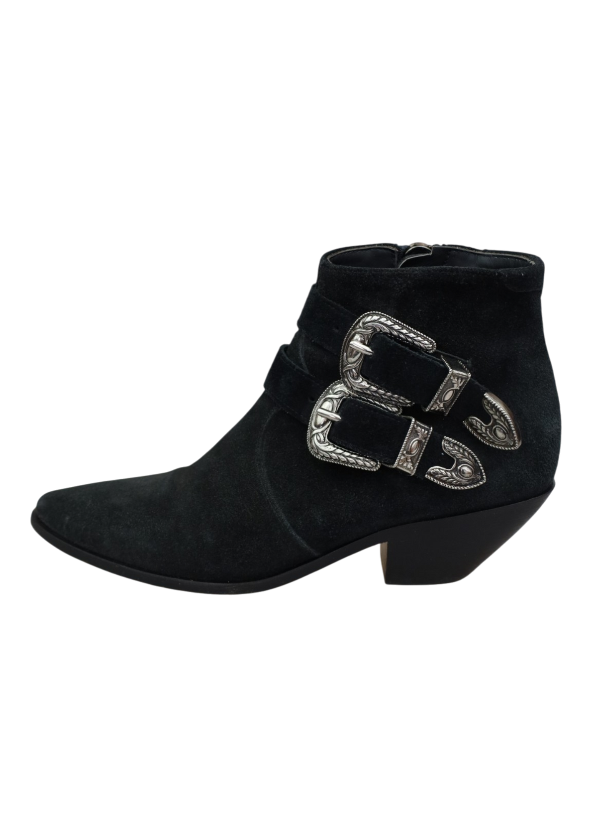 SAINT LAURENT (AS IS) Black Suede Western Buckle Ankle Boot
