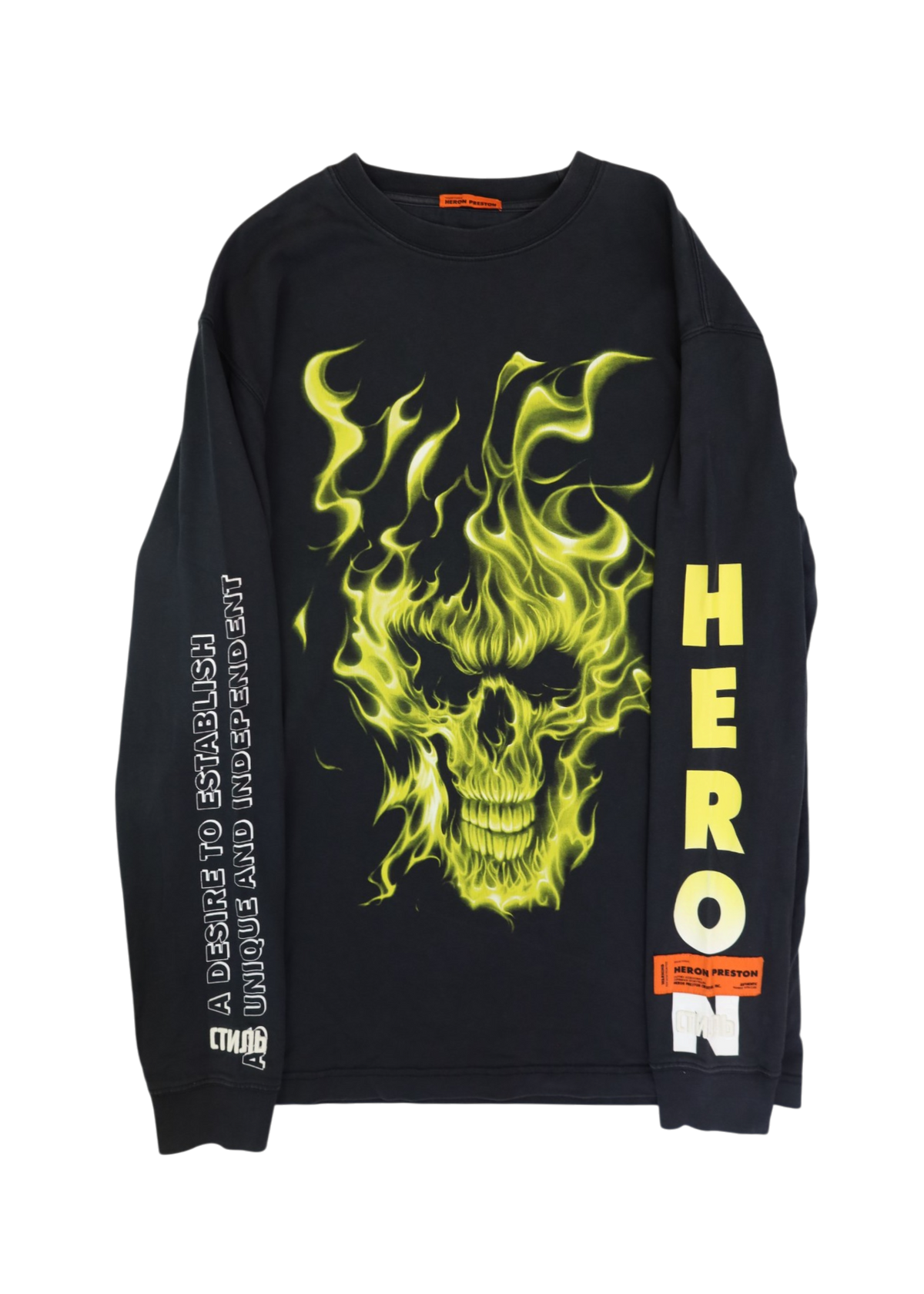 HERON PRESTON Black/Yellow Flaming Skull Print Cotton LS Tee