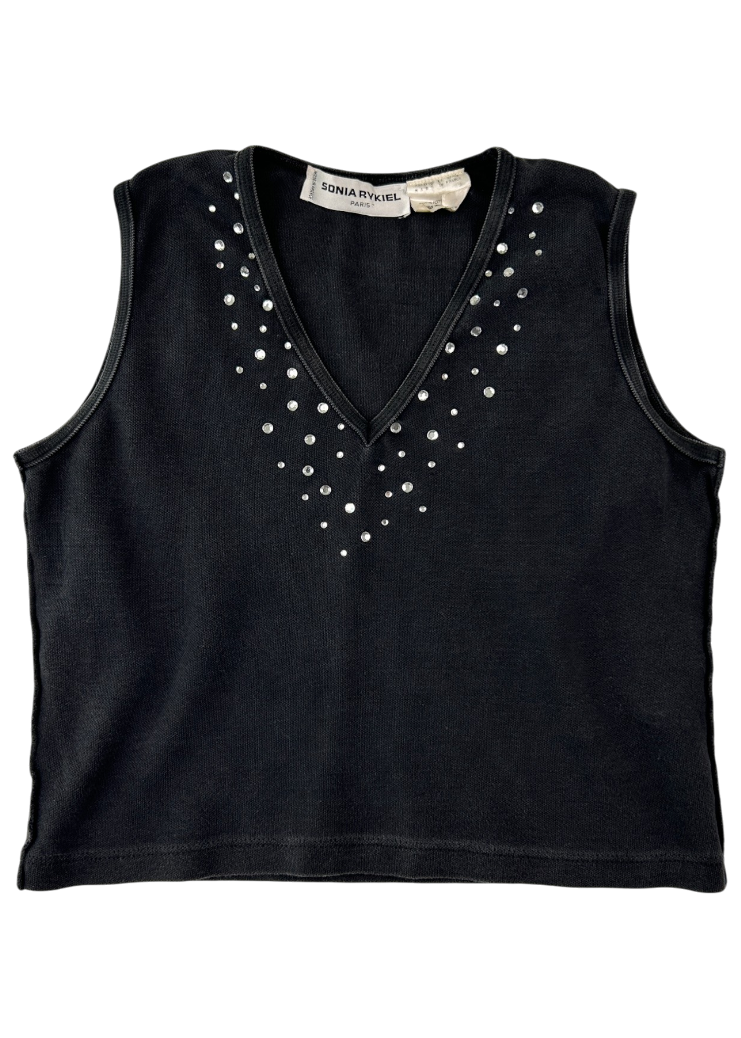 SONIA RYKIEL Vintage Washed Cotton Diamante V Neck Top