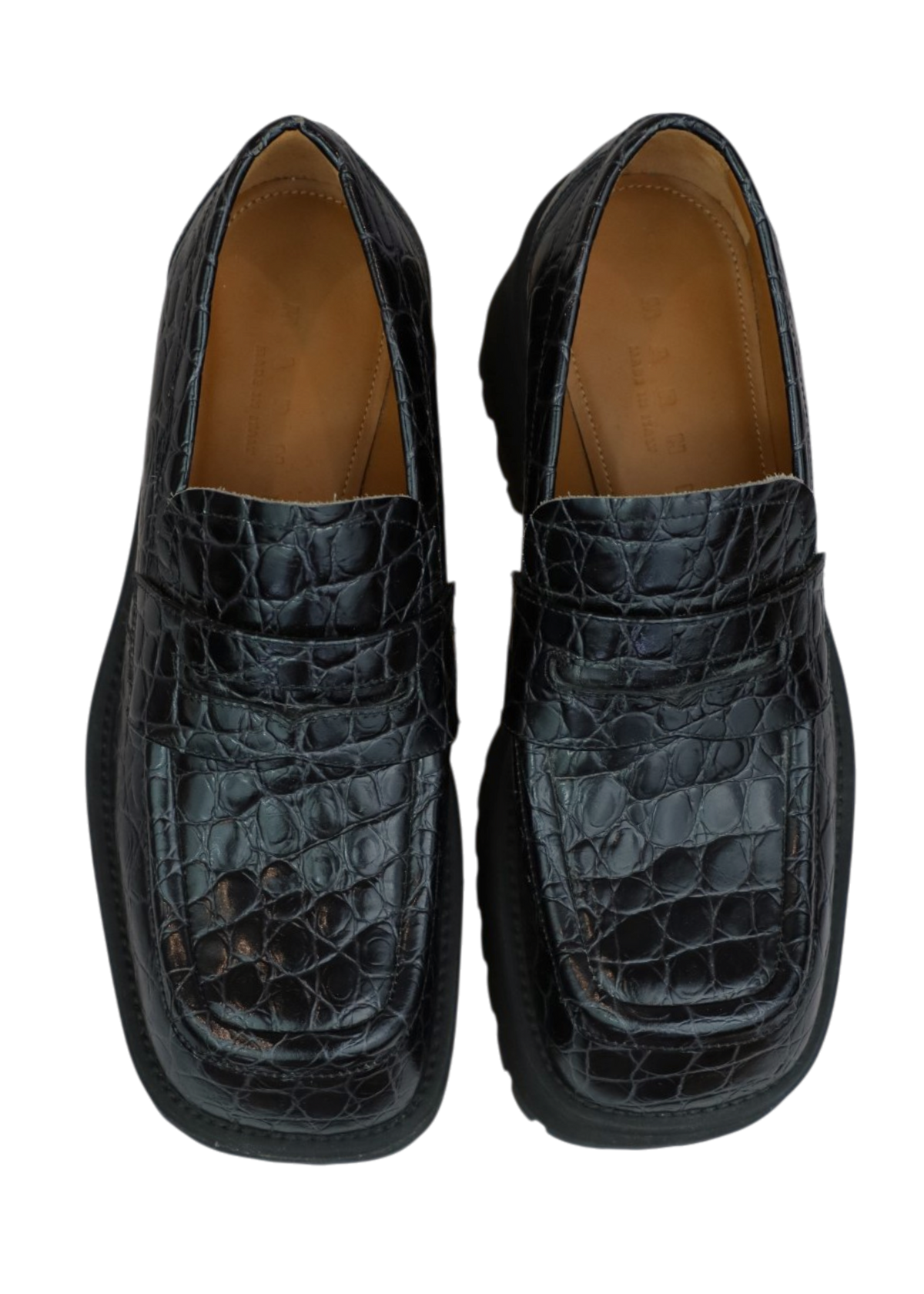 MARNI Black Leather Faux Croc Chunky Penny Loafer w Box