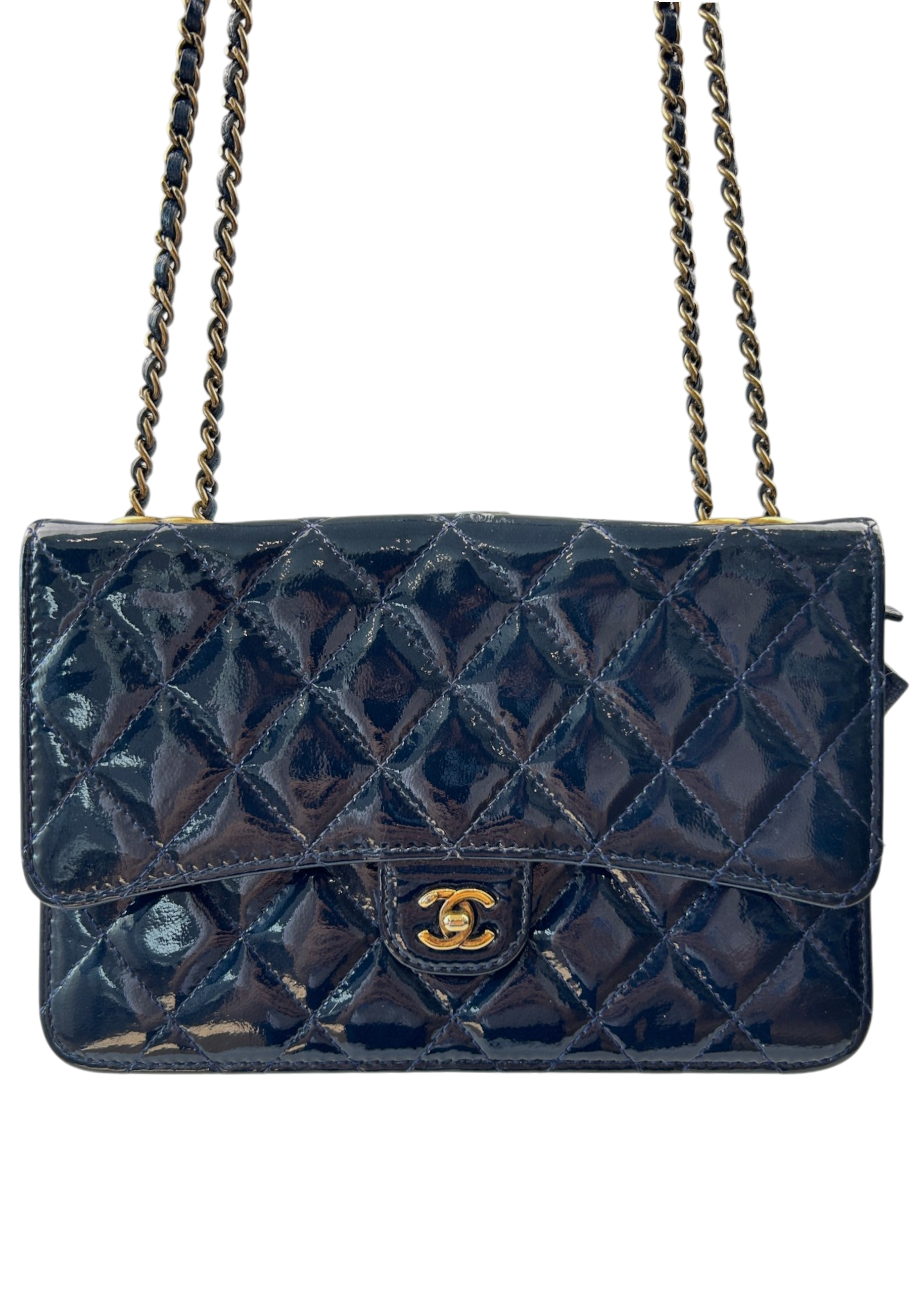 CHANEL 2015 Navy Patent Leather 'Eyelet CC Wallet on Chain' Bag