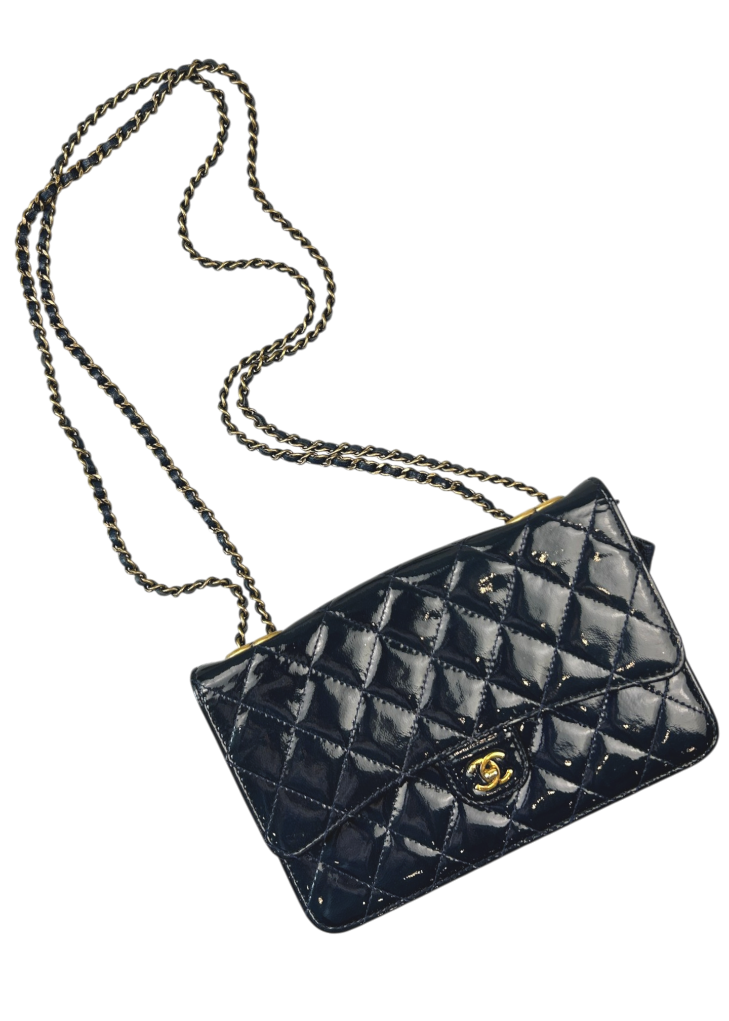 CHANEL 2015 Navy Patent Leather 'Eyelet CC Wallet on Chain' Bag