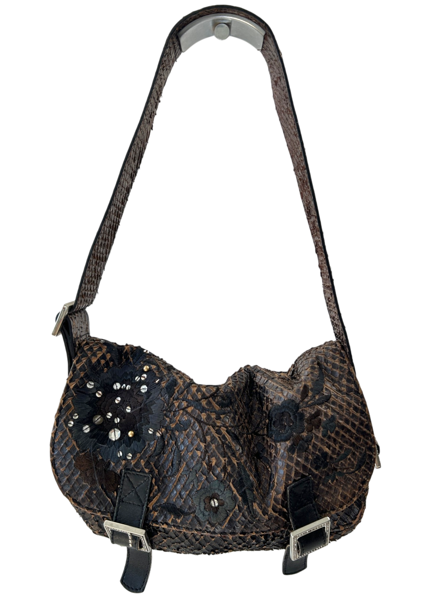 JOHN GALLIANO (AS IS) Brown/Black Snake Embossed Leather Embroidered Shoulder Bag