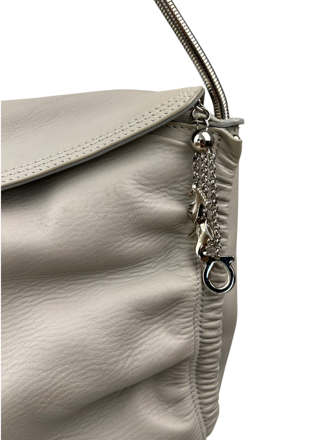 SALVATORE FERRAGAMO (AS IS) Grey Leather Ruched Bag W/ Charms