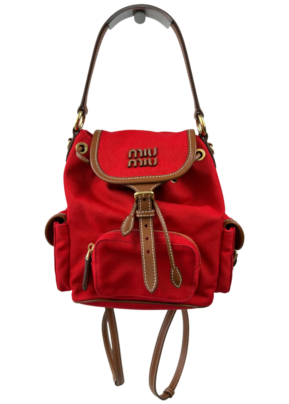 MIU MIU Red Canvas Mini Backpack W/ Brandy Leather Straps