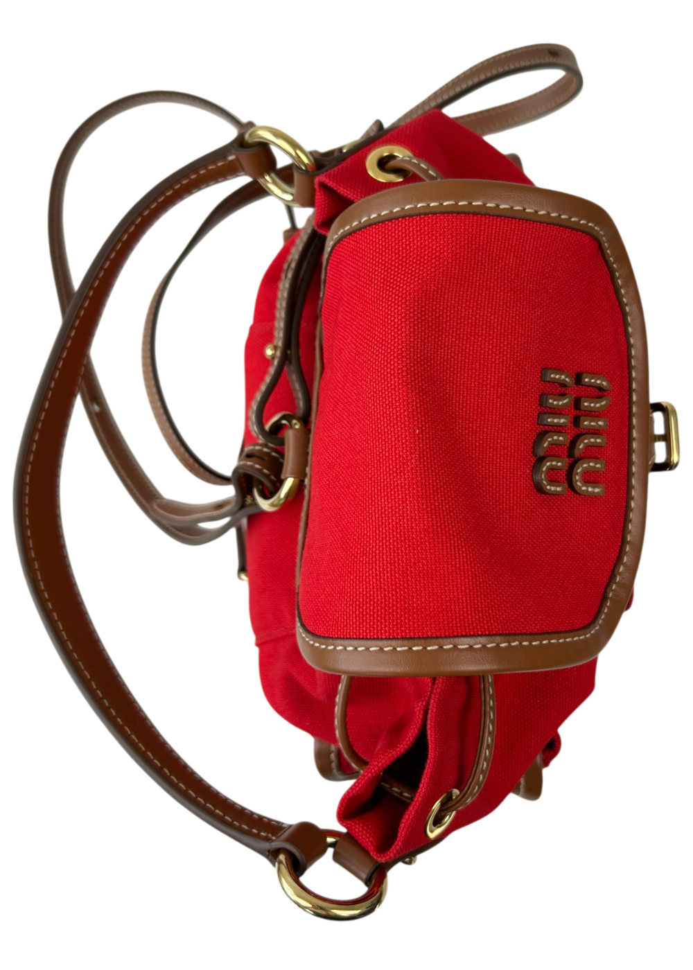 MIU MIU Red Canvas Mini Backpack W/ Brandy Leather Straps