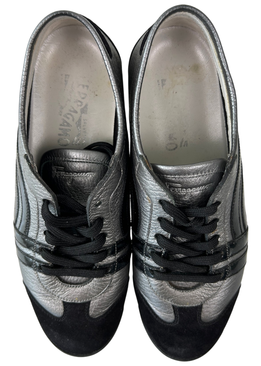 SALVATORE FERRAGAMO (AS IS) Black/Silver Leather/Suede Sneakers