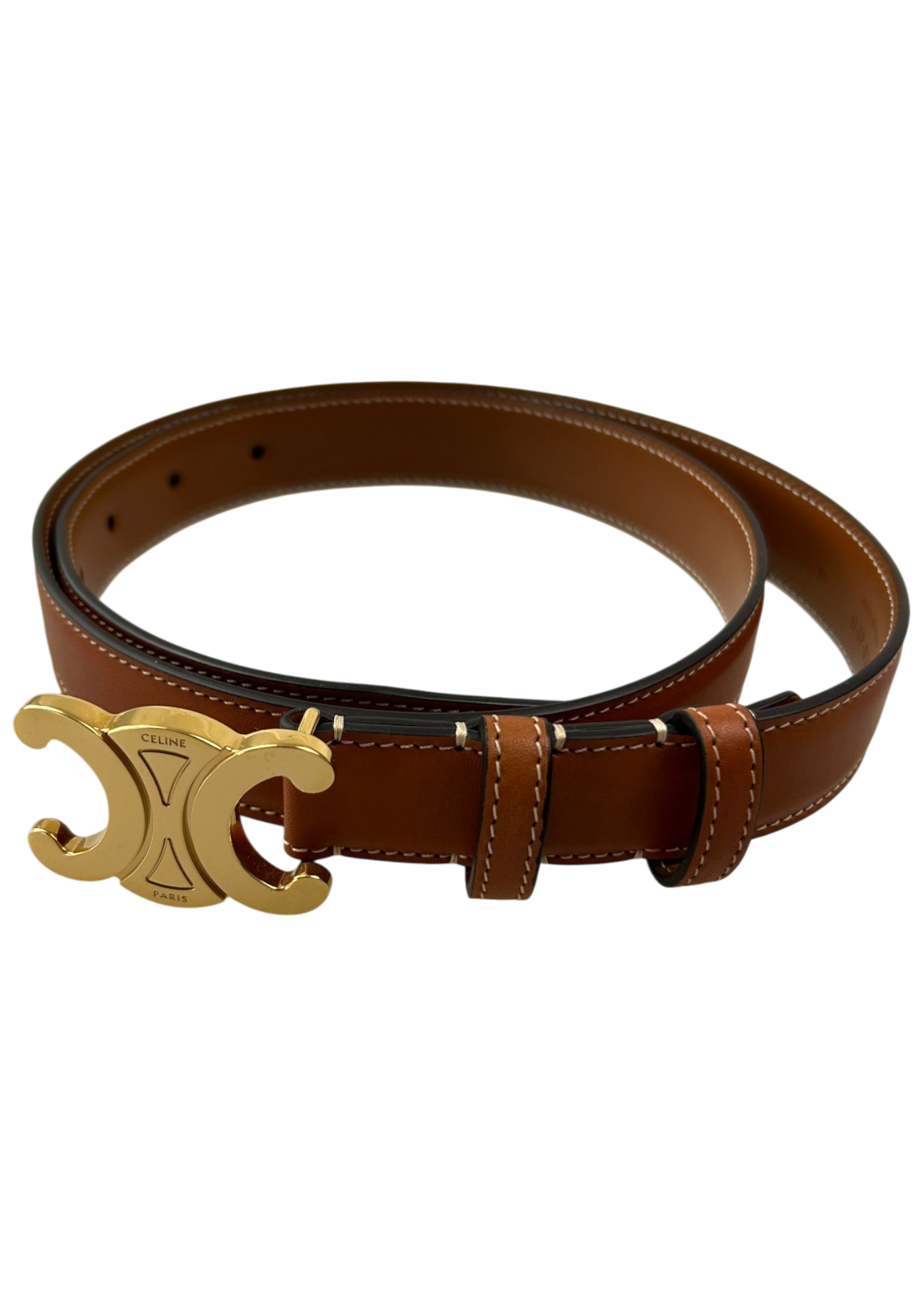 CELINE Brown Leather Belt W/ Gold Triomphe Logo Buckle