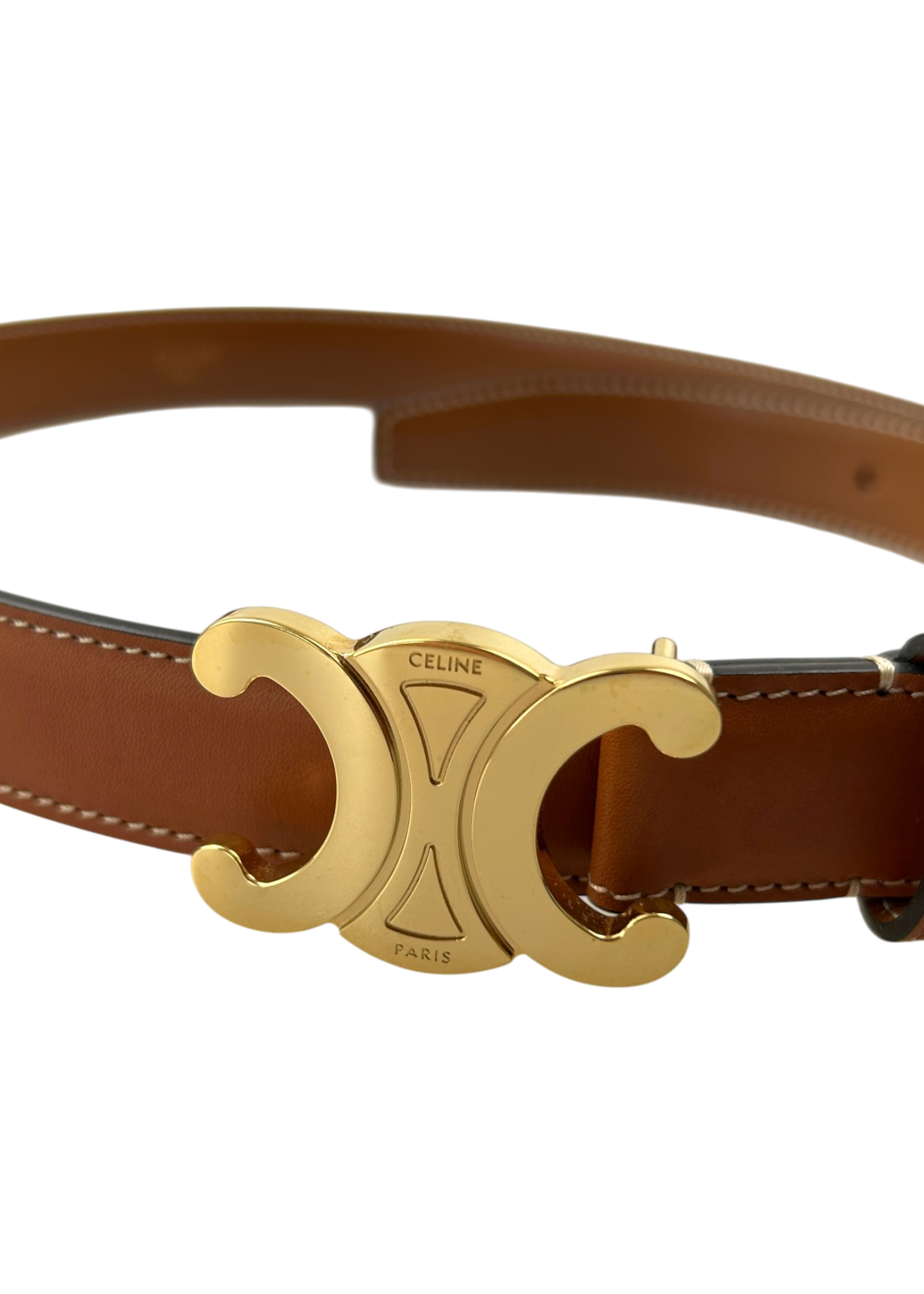 CELINE Brown Leather Belt W/ Gold Triomphe Logo Buckle