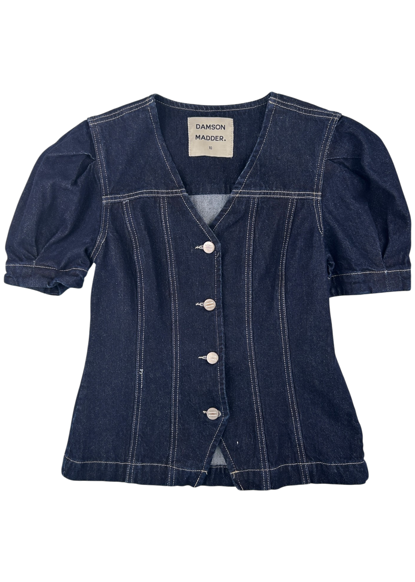DAMSON MADDER Indigo Denim Panelled Puff Sleeve Top